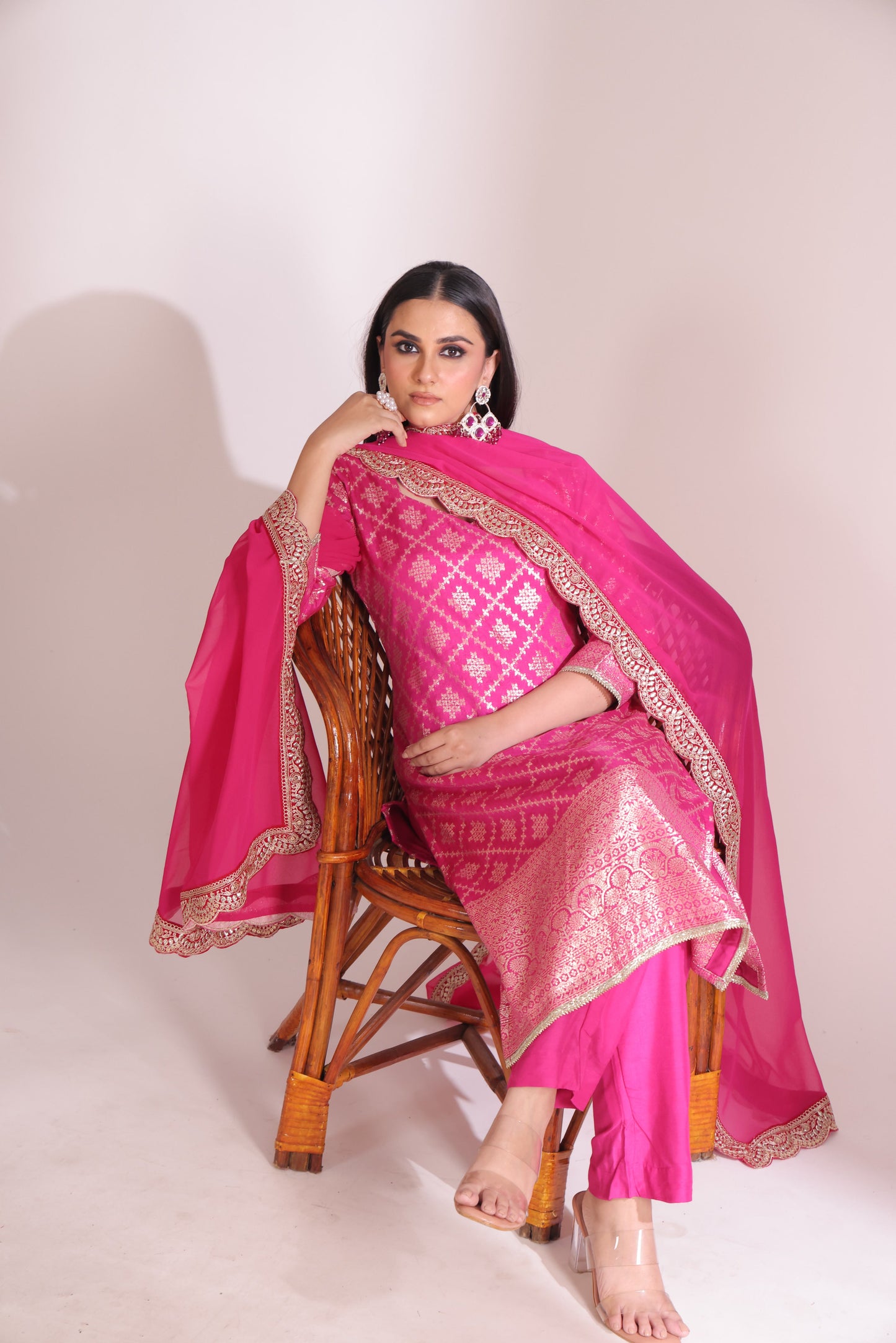 Noorika Fuschia Chanderi Kurta with Pant and dupatta- set of 3