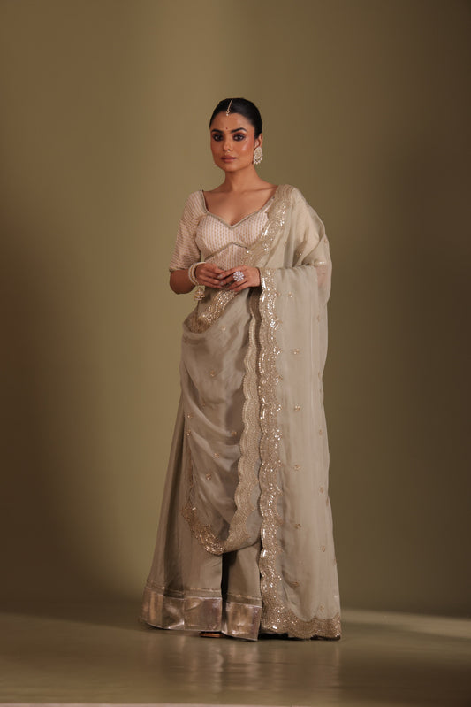Noorika Ivory Brocade Blouse with Sage Silk Lehenga and dupatta- set of 3