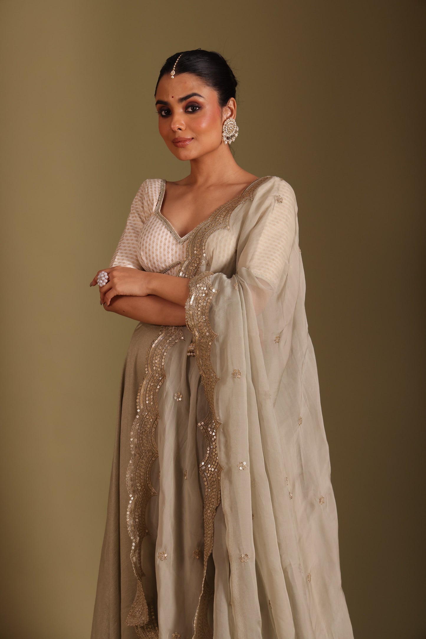Noorika Ivory Brocade Blouse with Sage Silk Lehenga and dupatta- set of 3