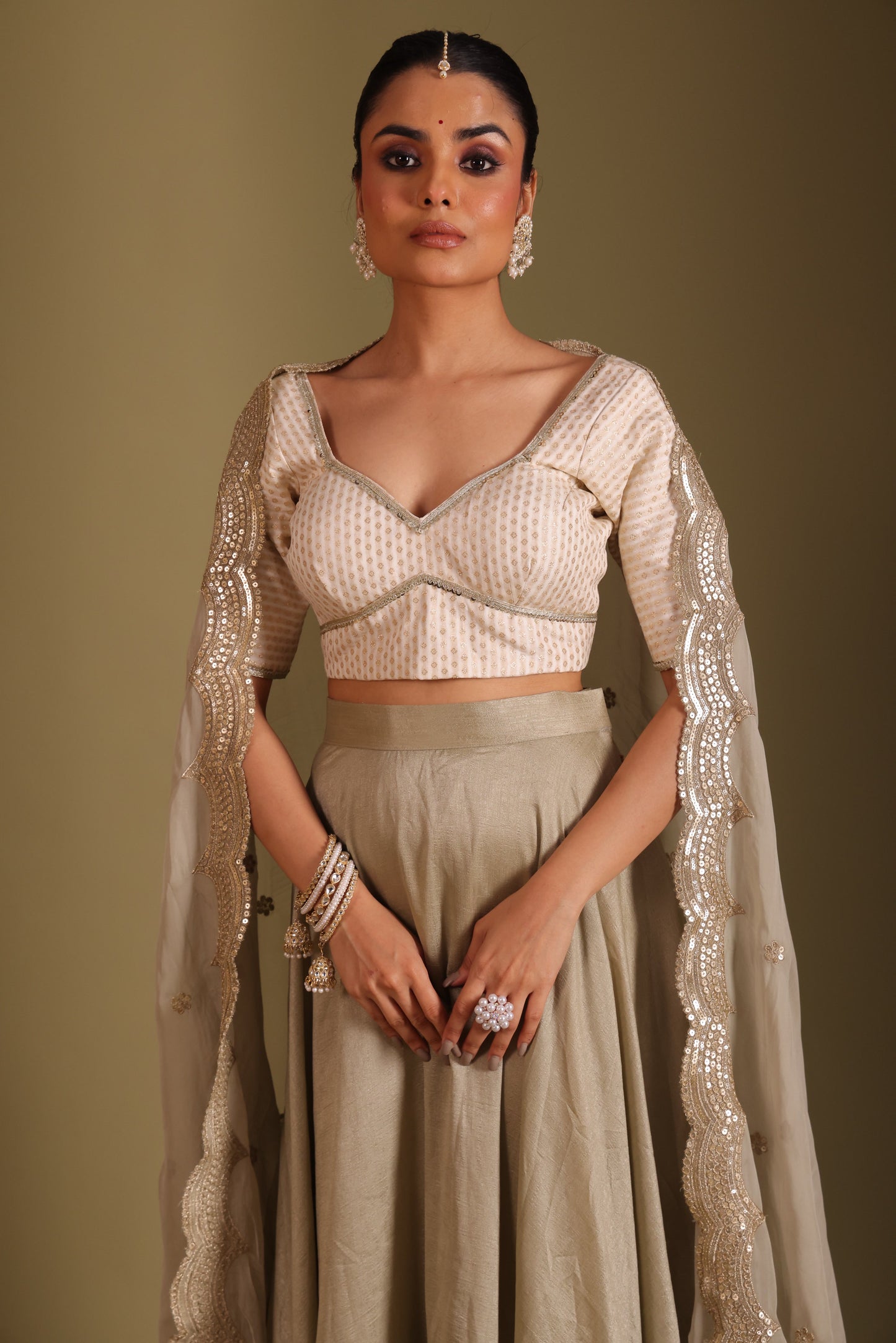 Noorika Ivory Brocade Blouse with Sage Silk Lehenga and dupatta- set of 3