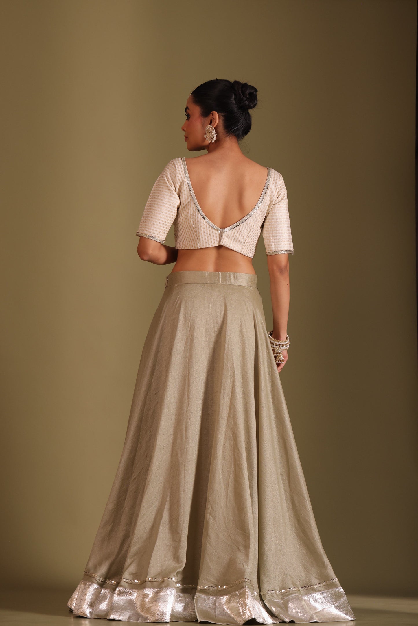 Noorika Ivory Brocade Blouse with Sage Silk Lehenga and dupatta- set of 3