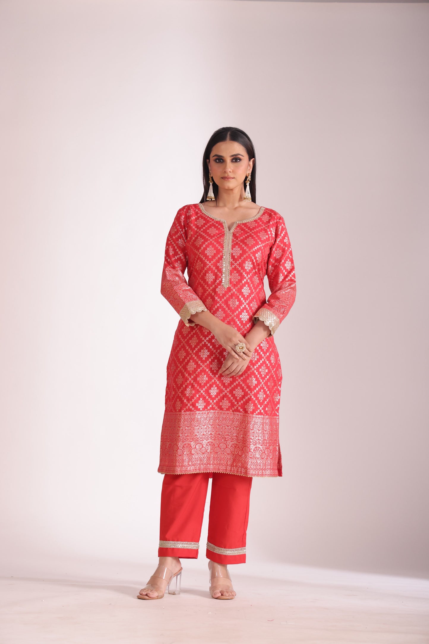 Noorika Red Chanderi Kurta with Pant and dupatta- set of 3