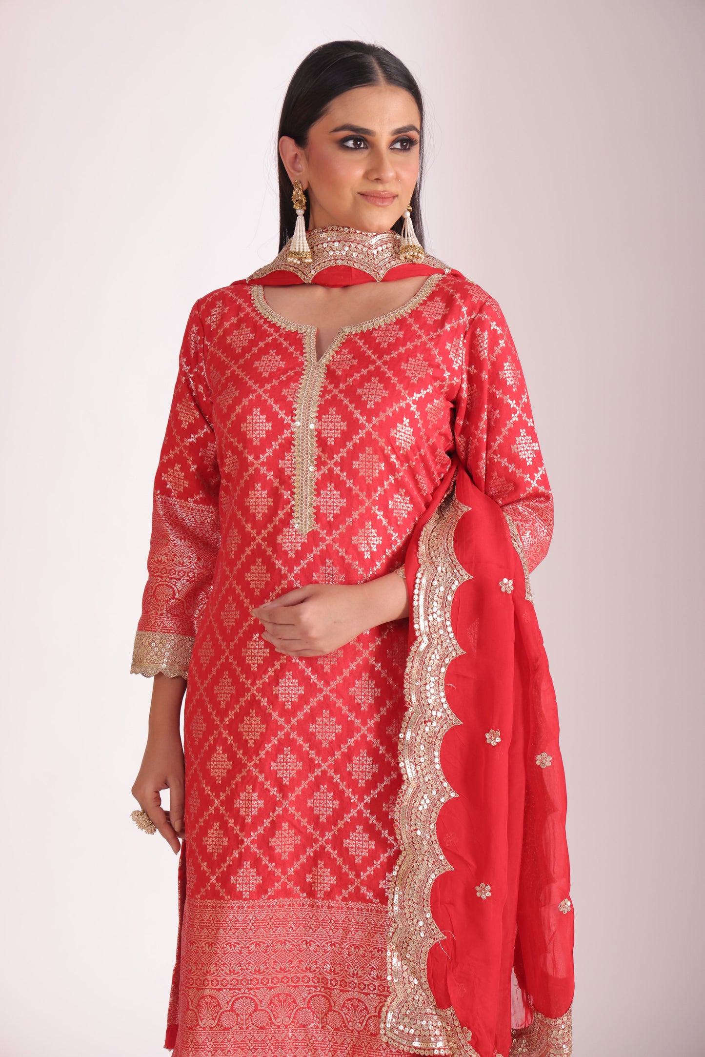 Noorika Red Chanderi Kurta with Pant and dupatta- set of 3