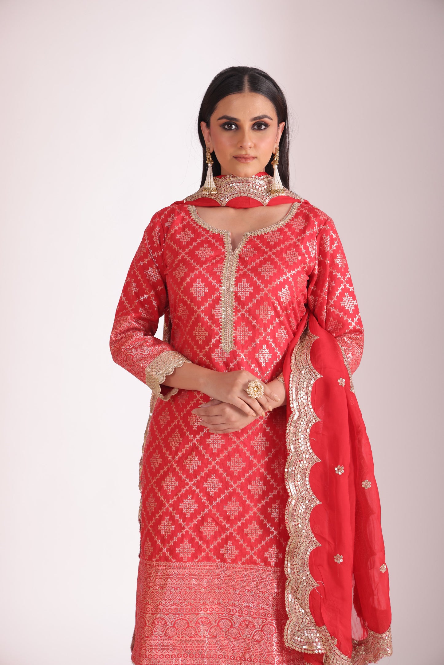 Noorika Red Chanderi Kurta with Pant and dupatta- set of 3