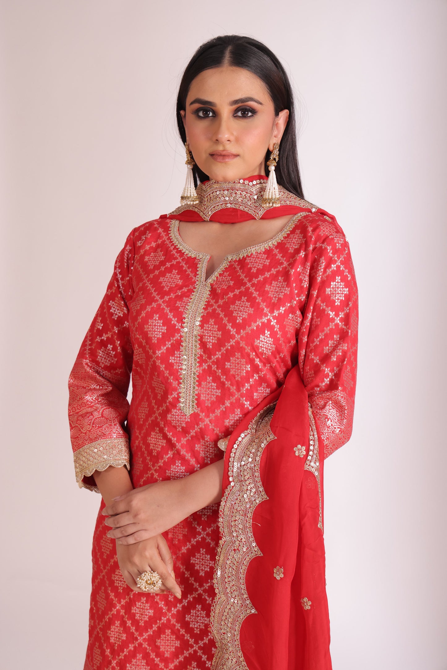 Noorika Red Chanderi Kurta with Pant and dupatta- set of 3