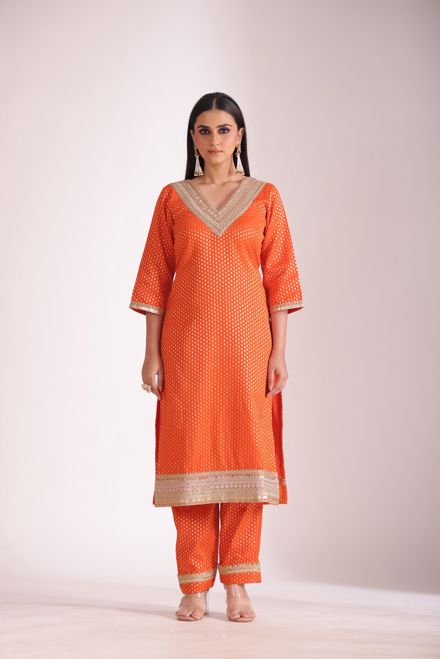 Noorika Orange Silk Kurta with Pant and dupatta- set of 3