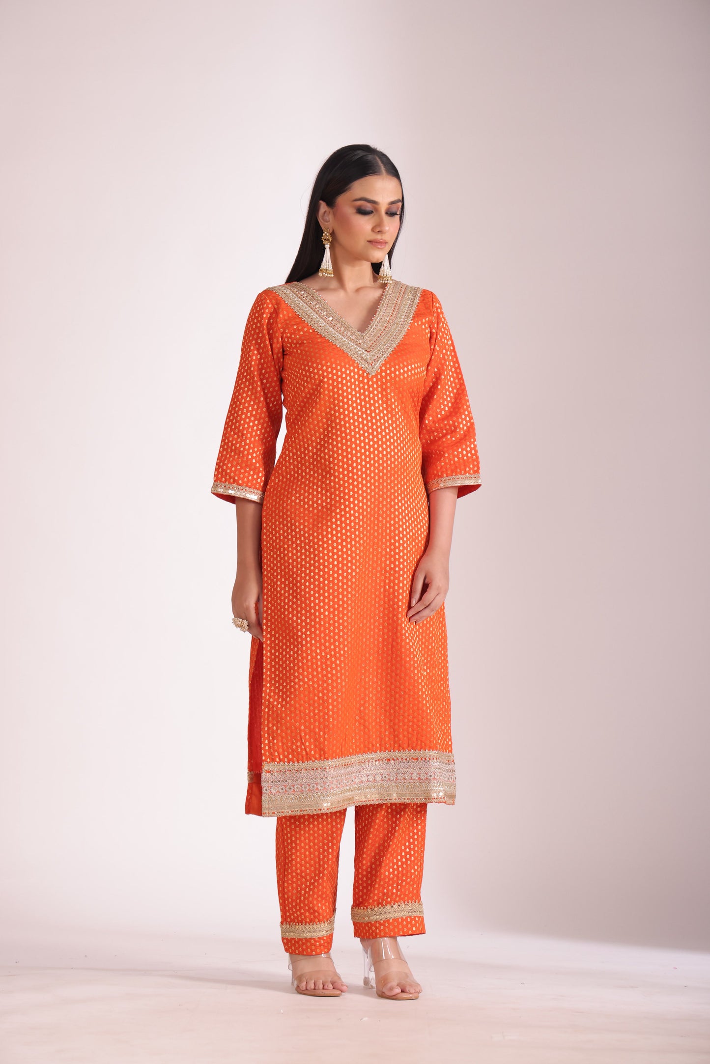 Noorika Orange Silk Kurta with Pant and dupatta- set of 3
