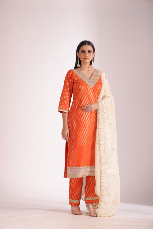 Noorika Orange Silk Kurta with Pant and dupatta- set of 3