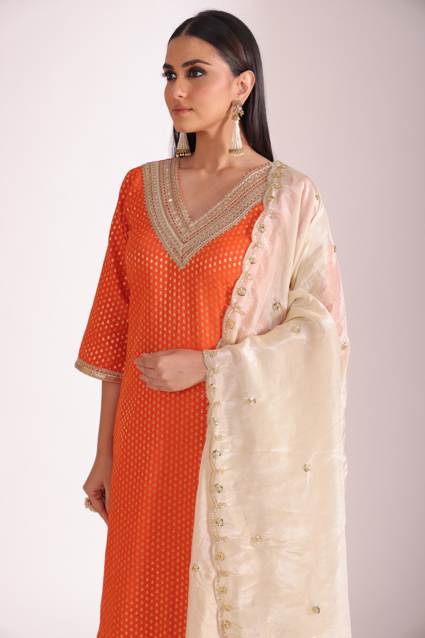 Noorika Orange Silk Kurta with Pant and dupatta- set of 3