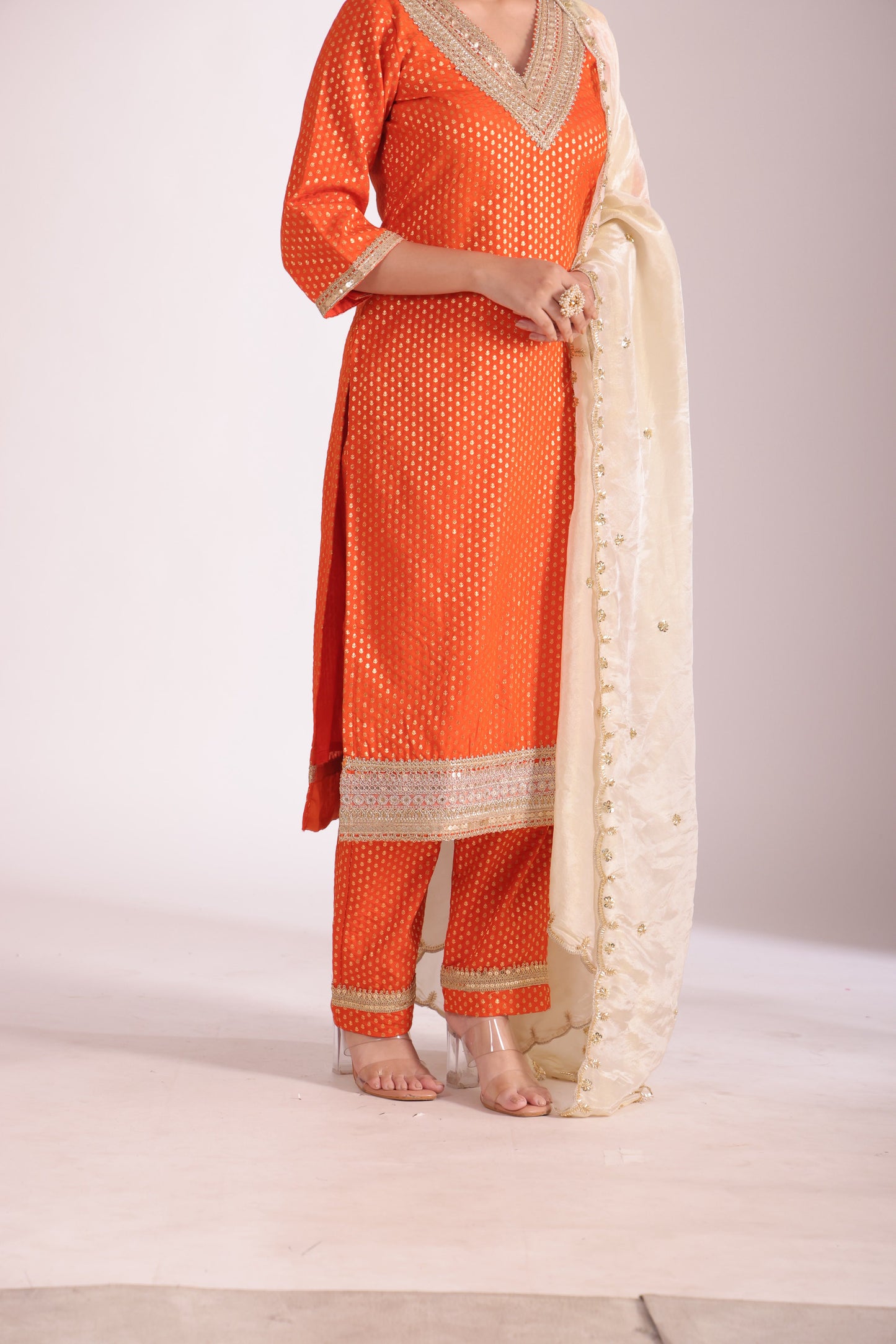 Noorika Orange Silk Kurta with Pant and dupatta- set of 3
