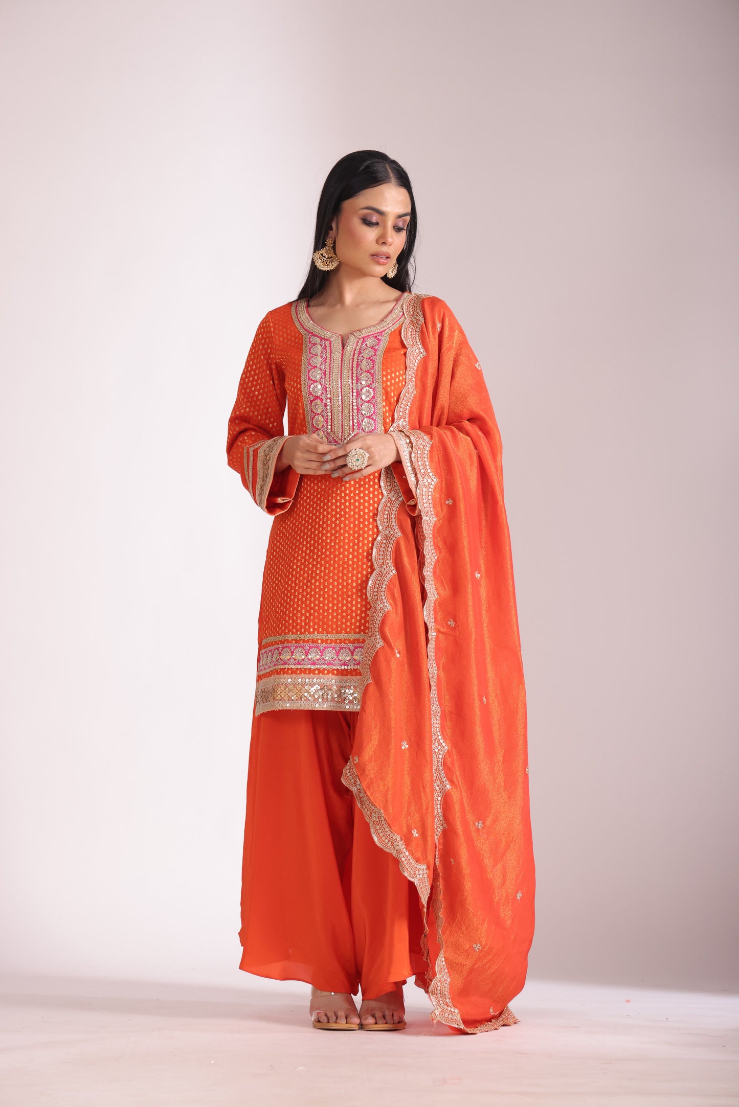 Noorika Orange Silk Kurta with Dhoti pant and dupatta- set of 3