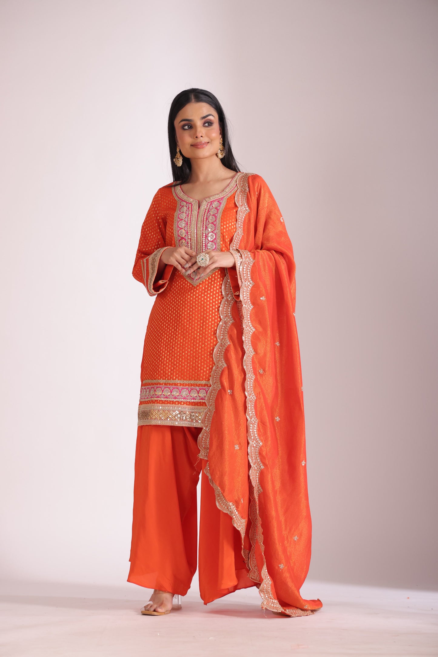 Noorika Orange Silk Kurta with Dhoti pant and dupatta- set of 3