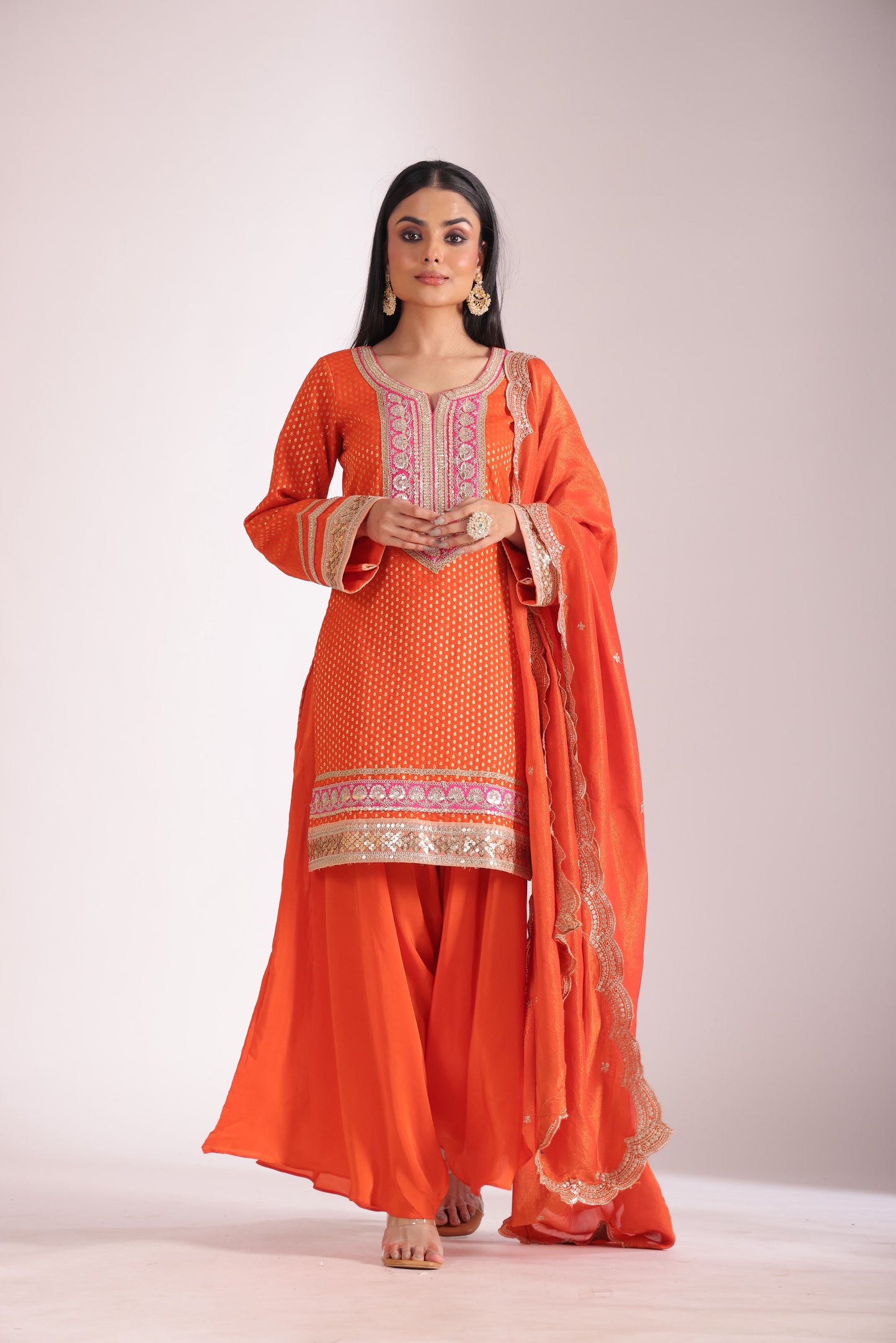 Noorika Orange Silk Kurta with Dhoti pant and dupatta- set of 3