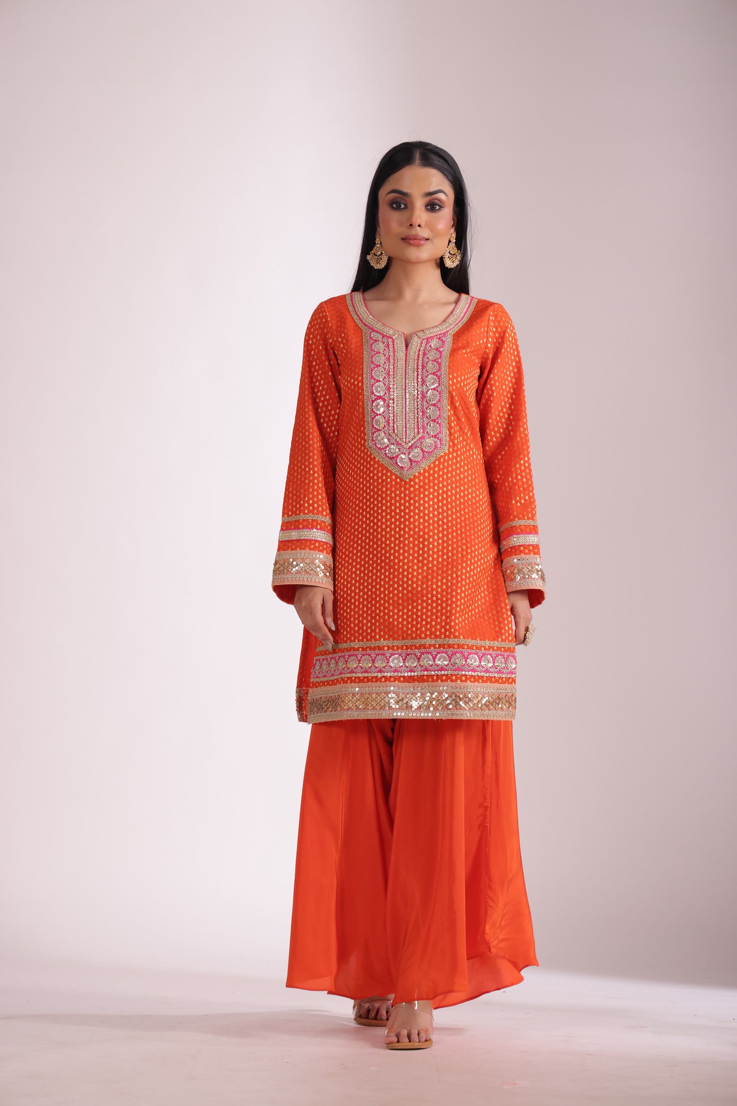 Noorika Orange Silk Kurta with Dhoti pant and dupatta- set of 3