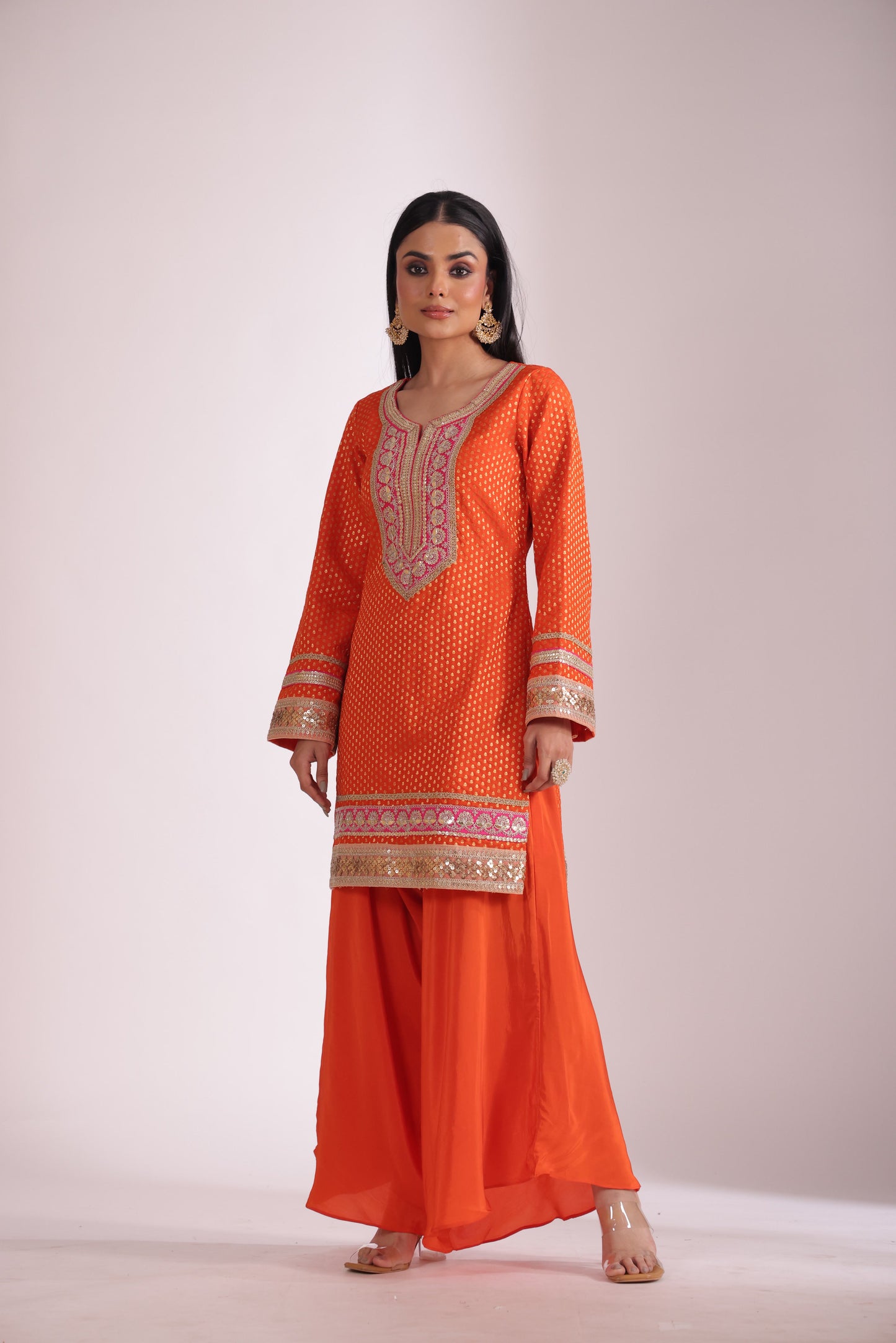 Noorika Orange Silk Kurta with Dhoti pant and dupatta- set of 3