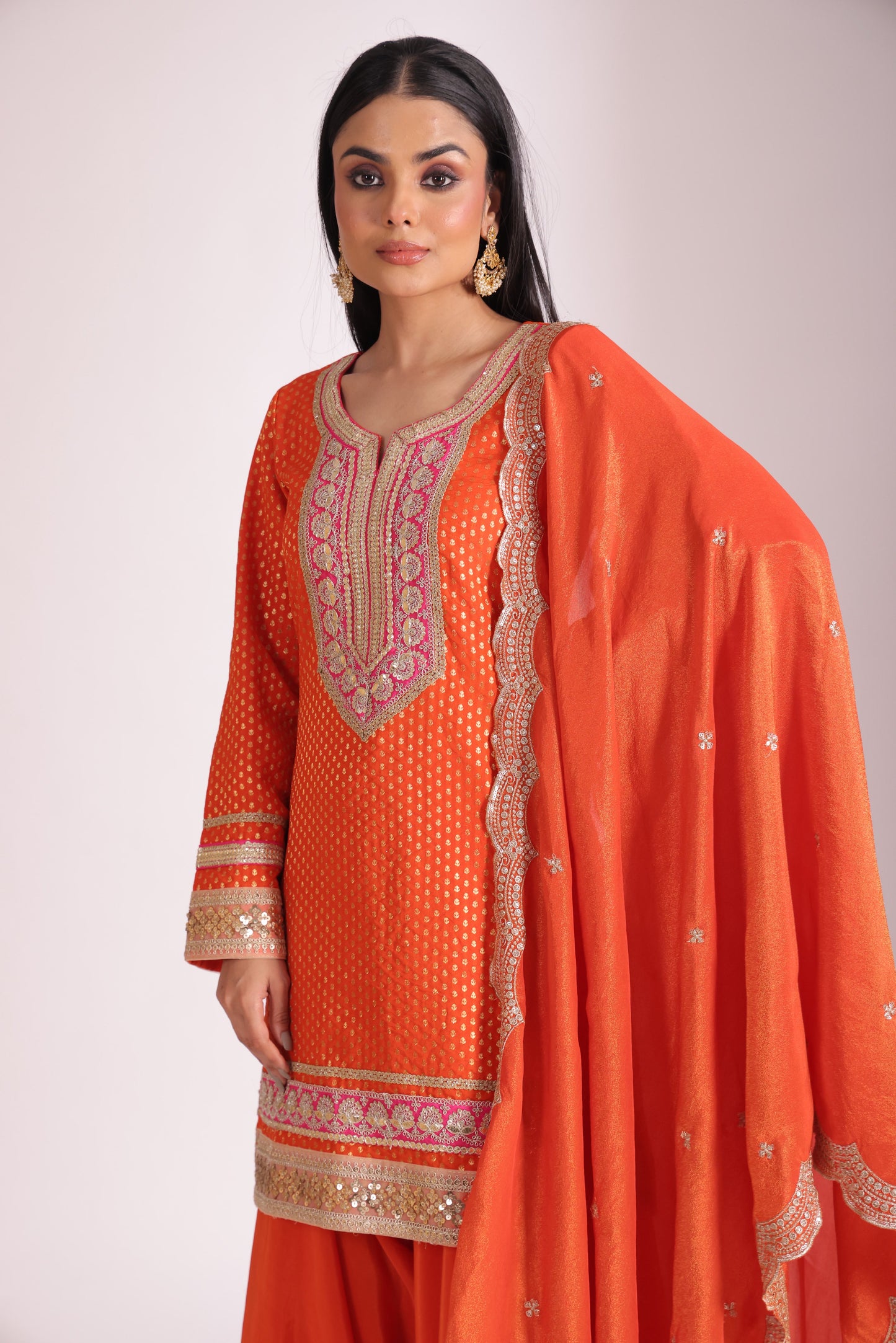 Noorika Orange Silk Kurta with Dhoti pant and dupatta- set of 3
