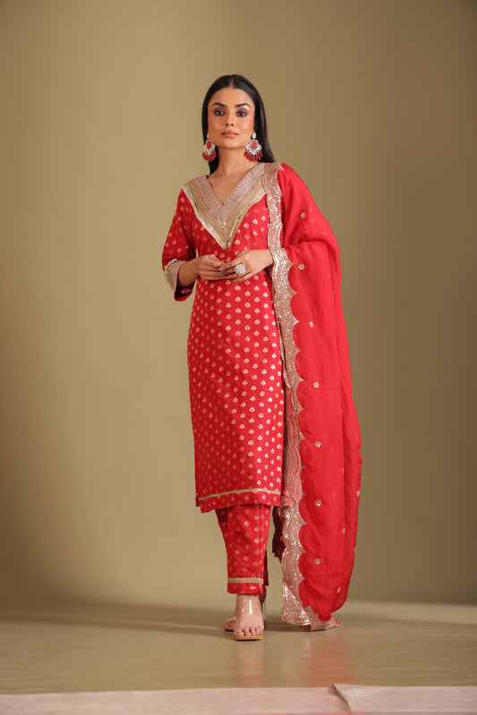 Noorika Red Kurta with pant and dupatta- set of 3