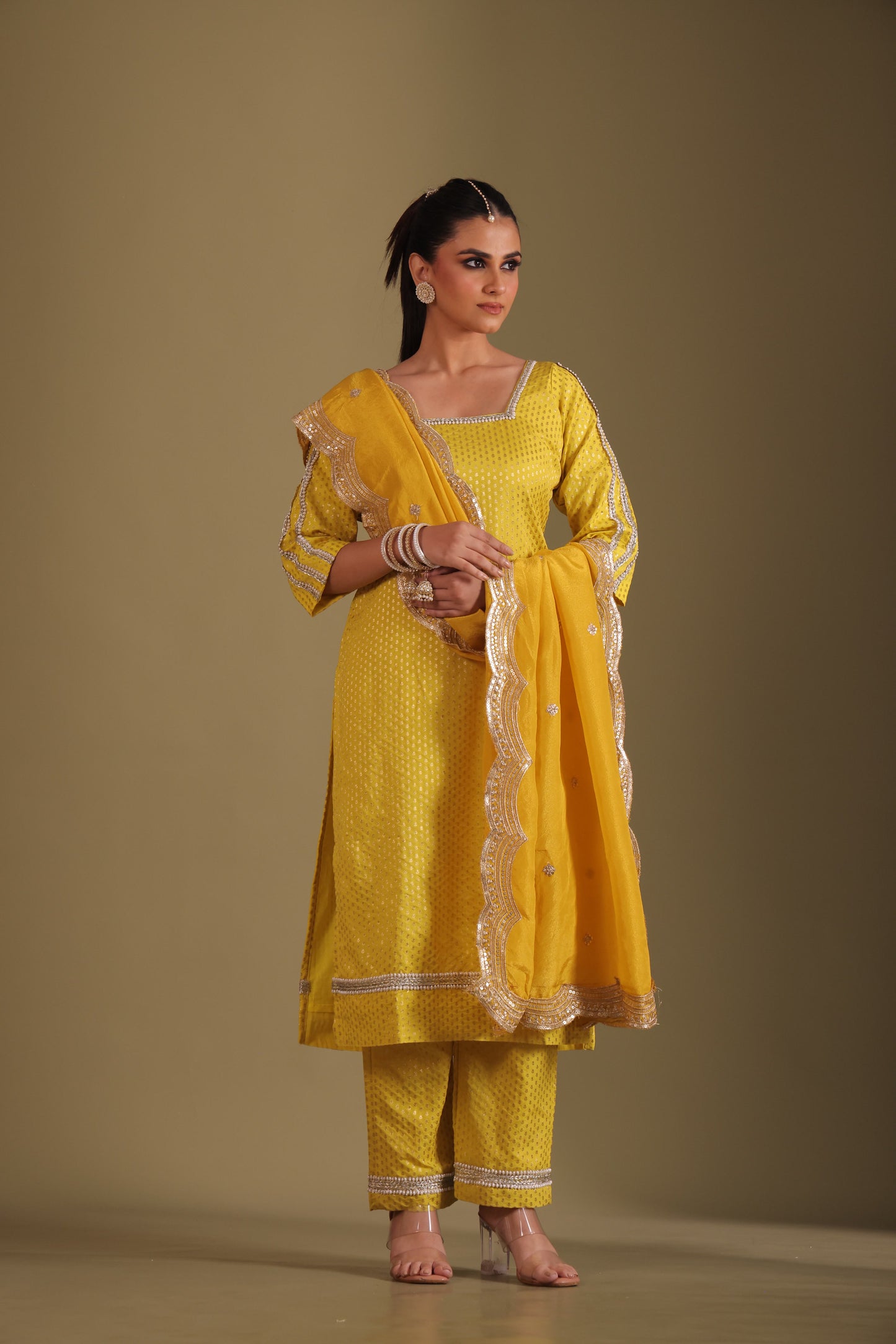 Noorika Yellow Silk Kurta with pant and dupatta- set of 3