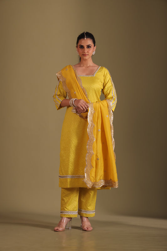 Noorika Yellow Silk Kurta with pant and dupatta- set of 3