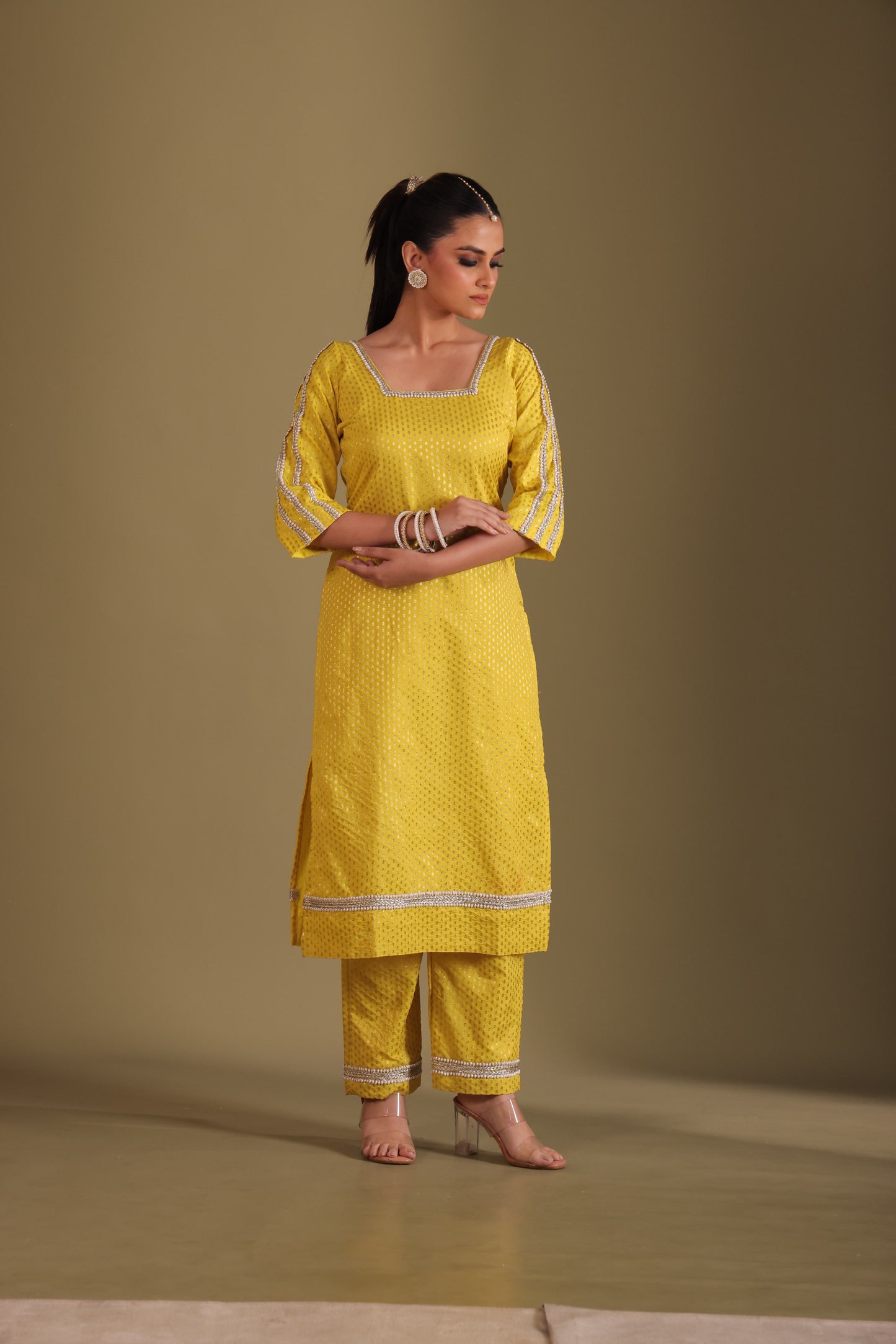 Noorika Yellow Silk Kurta with pant and dupatta- set of 3
