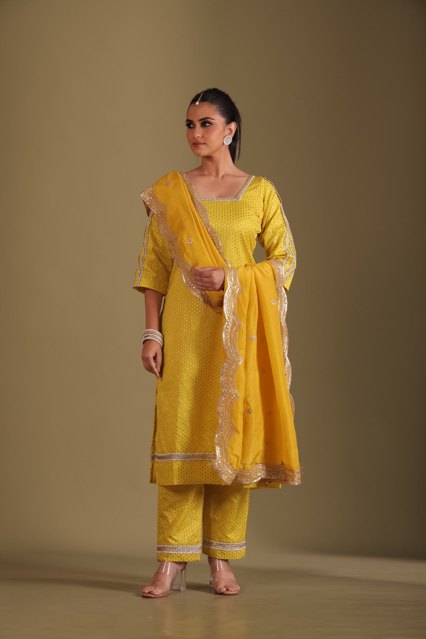 Noorika Yellow Silk Kurta with pant and dupatta- set of 3