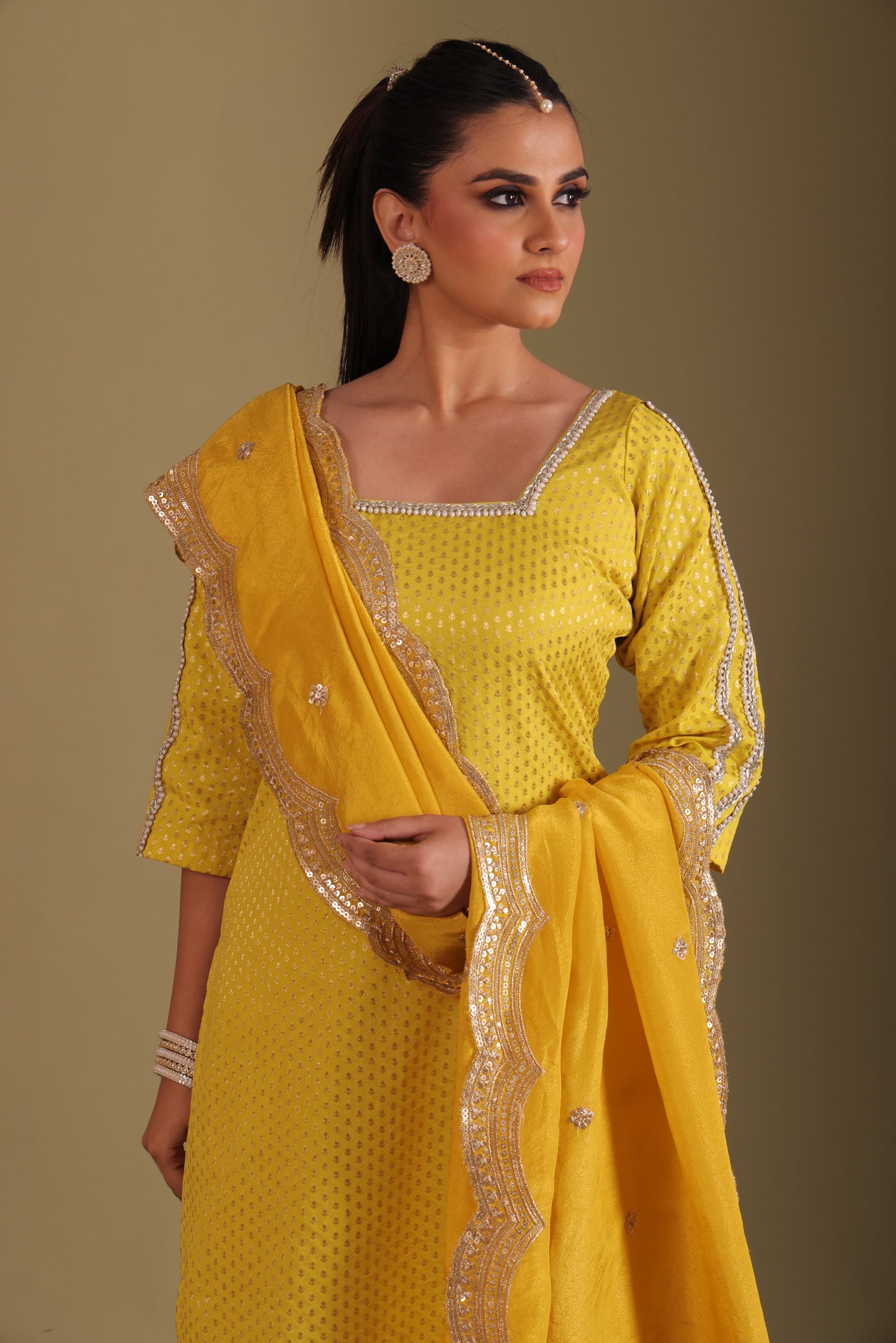 Noorika Yellow Silk Kurta with pant and dupatta- set of 3