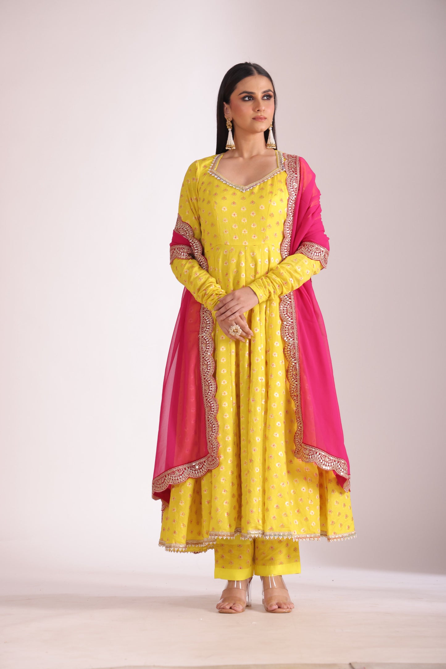 Noorika Yellow Silk Anarkali with pant and dupatta- set of 3