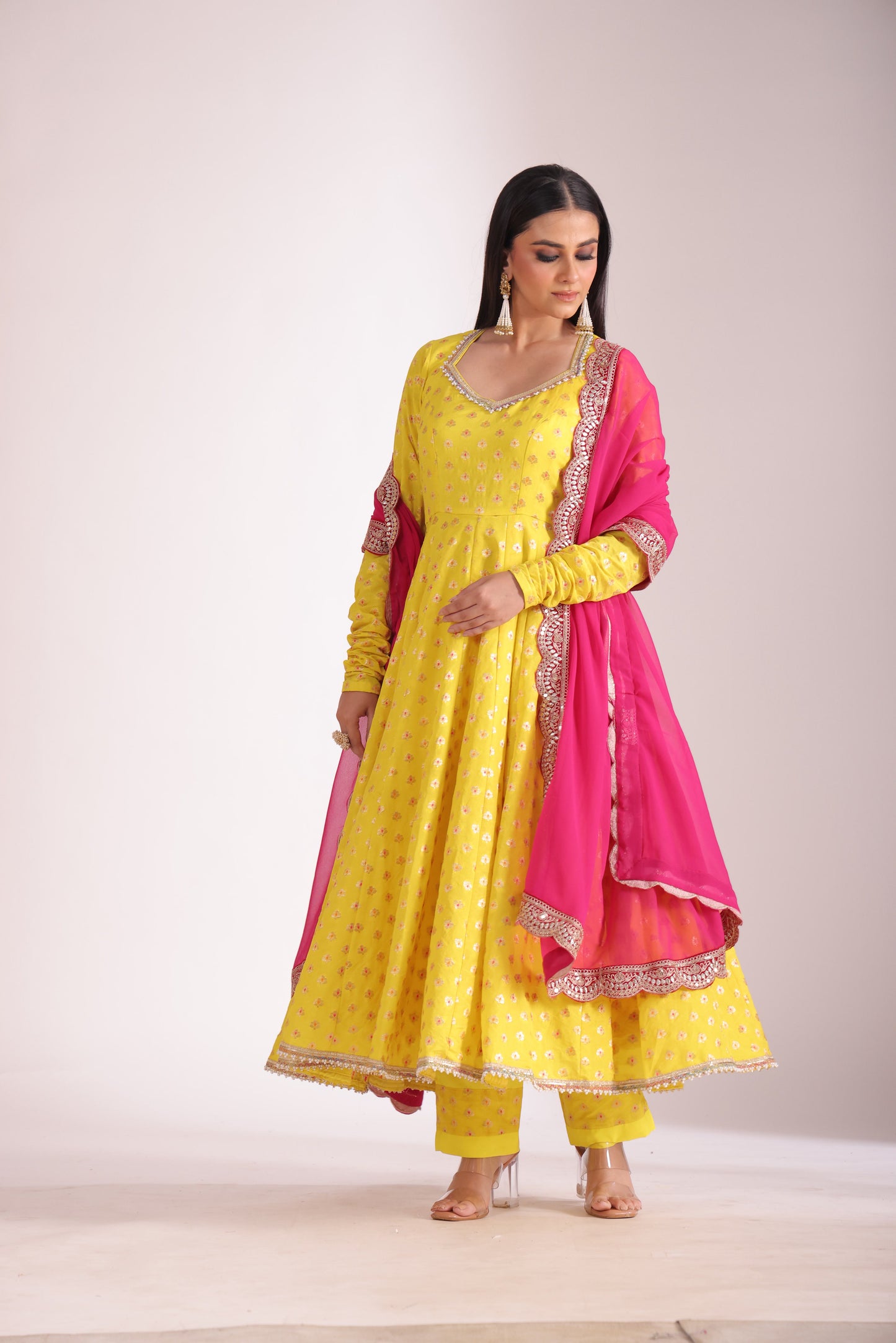 Noorika Yellow Silk Anarkali with pant and dupatta- set of 3