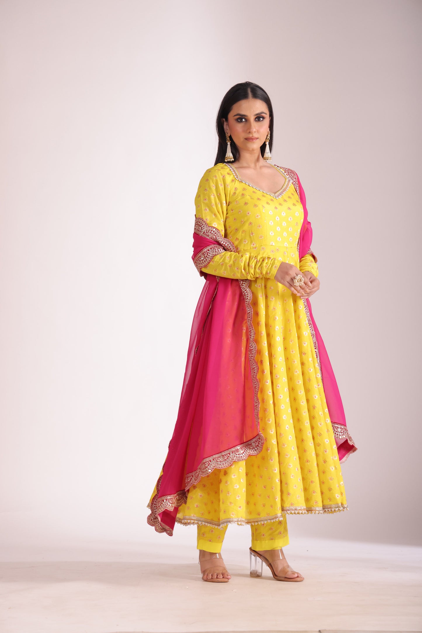 Noorika Yellow Silk Anarkali with pant and dupatta- set of 3