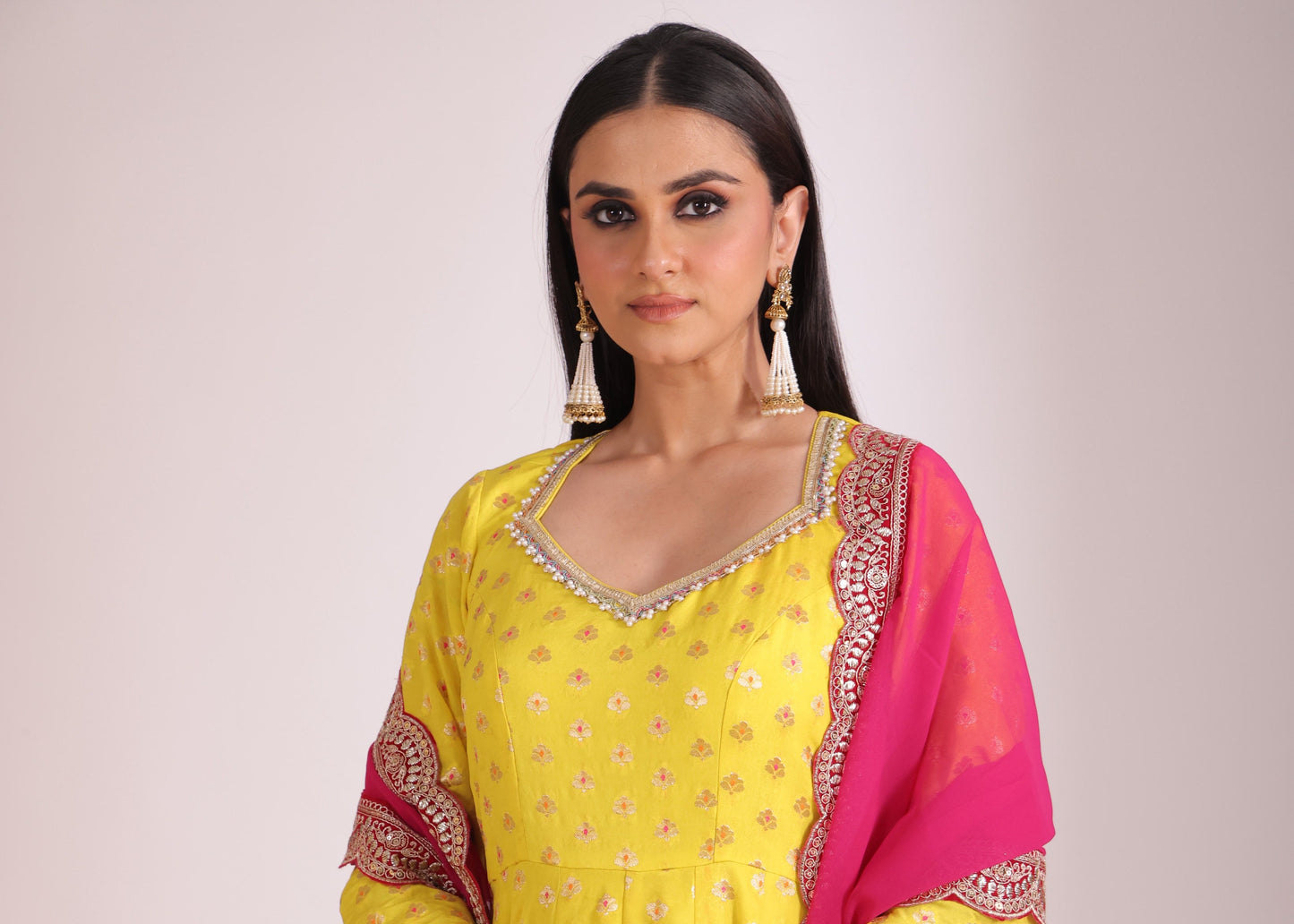 Noorika Yellow Silk Anarkali with pant and dupatta- set of 3