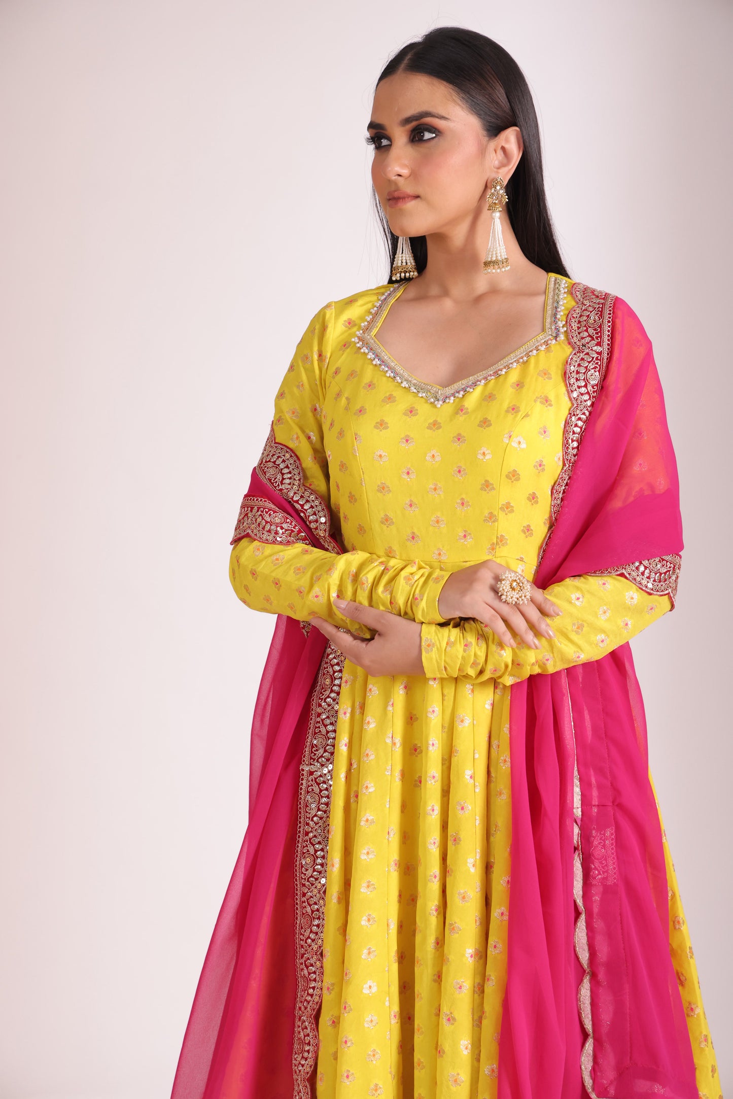 Noorika Yellow Silk Anarkali with pant and dupatta- set of 3
