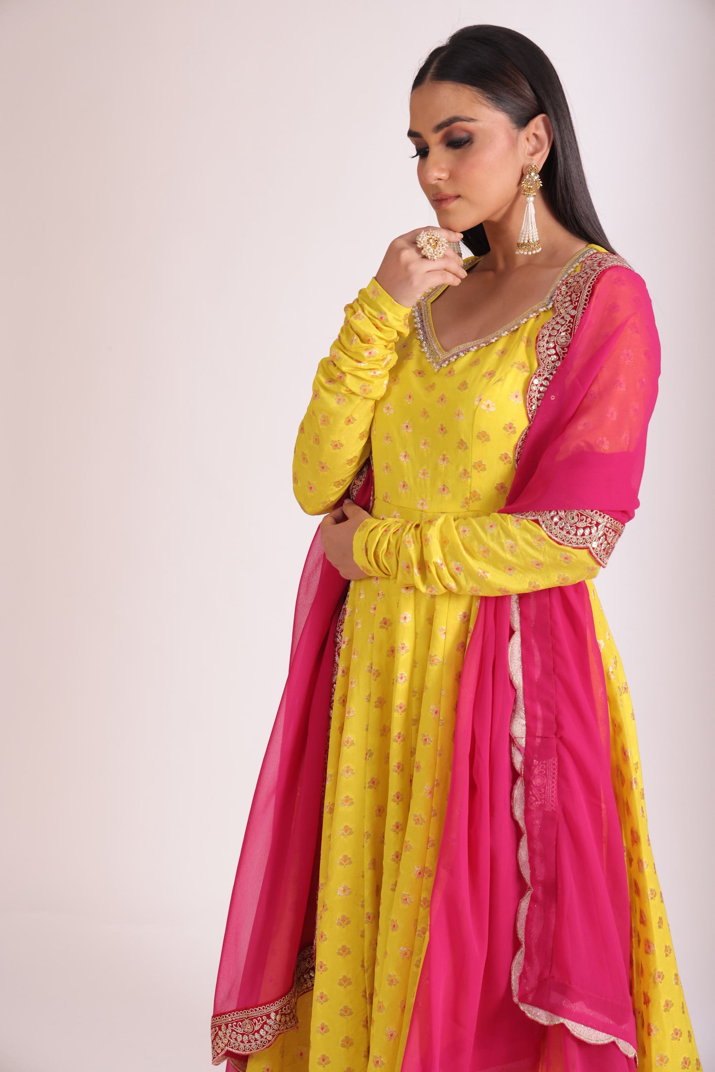 Noorika Yellow Silk Anarkali with pant and dupatta- set of 3
