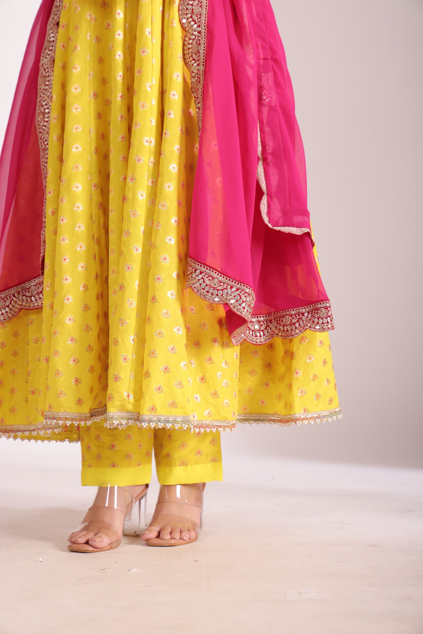 Noorika Yellow Silk Anarkali with pant and dupatta- set of 3