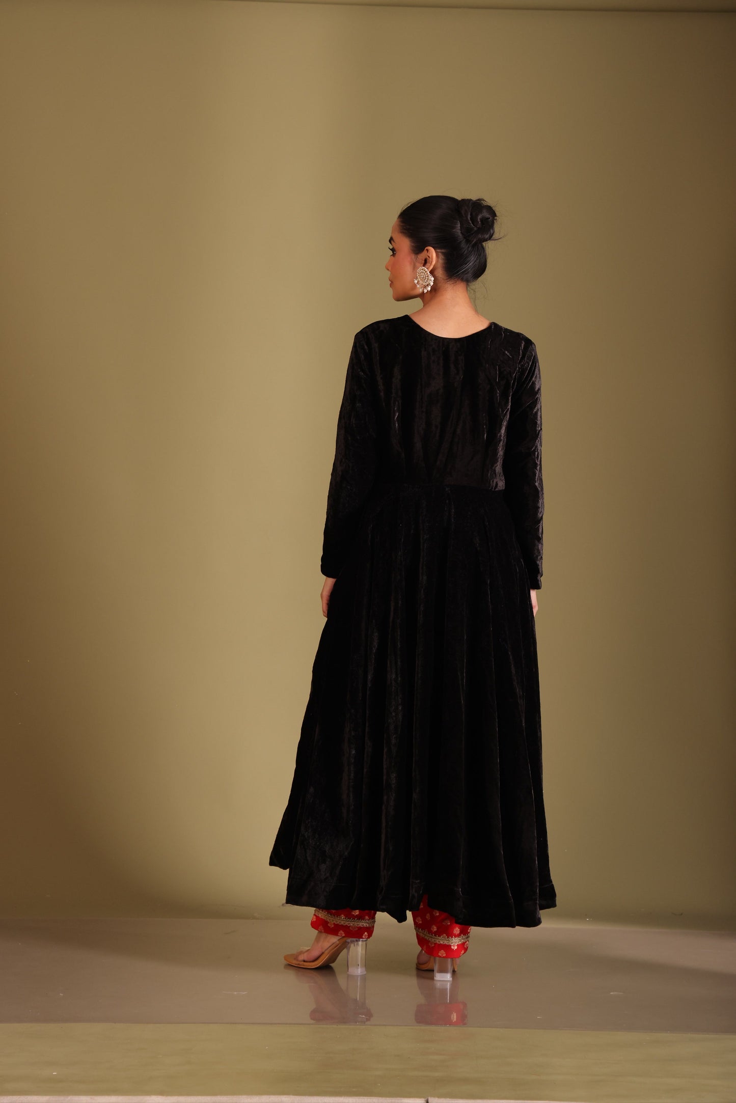 Noor-E-Zar Black Velvet Anarkali with Silk pants and Shawl - Set of 3