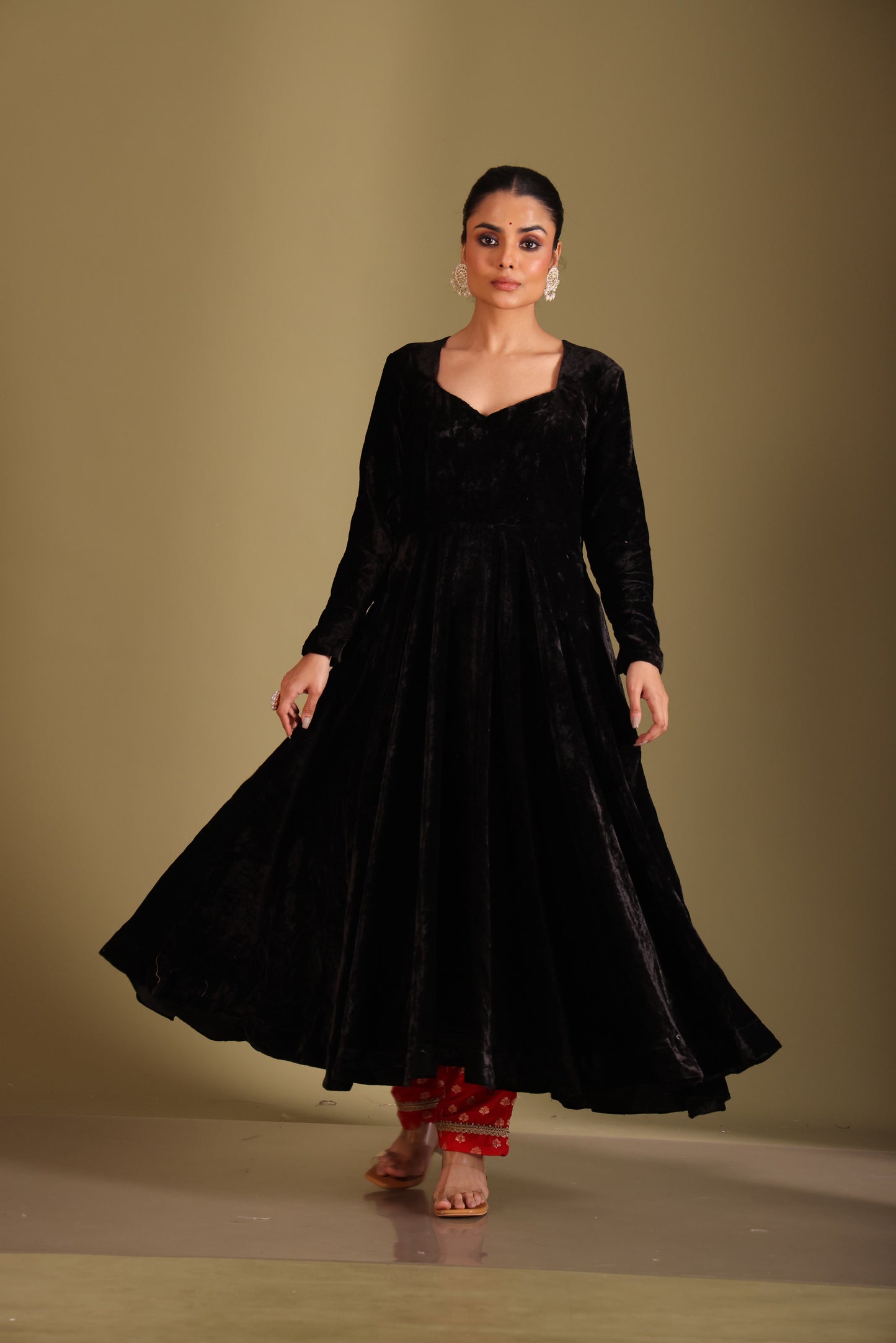 Noor-E-Zar Black Velvet Anarkali with Silk pants and Shawl - Set of 3