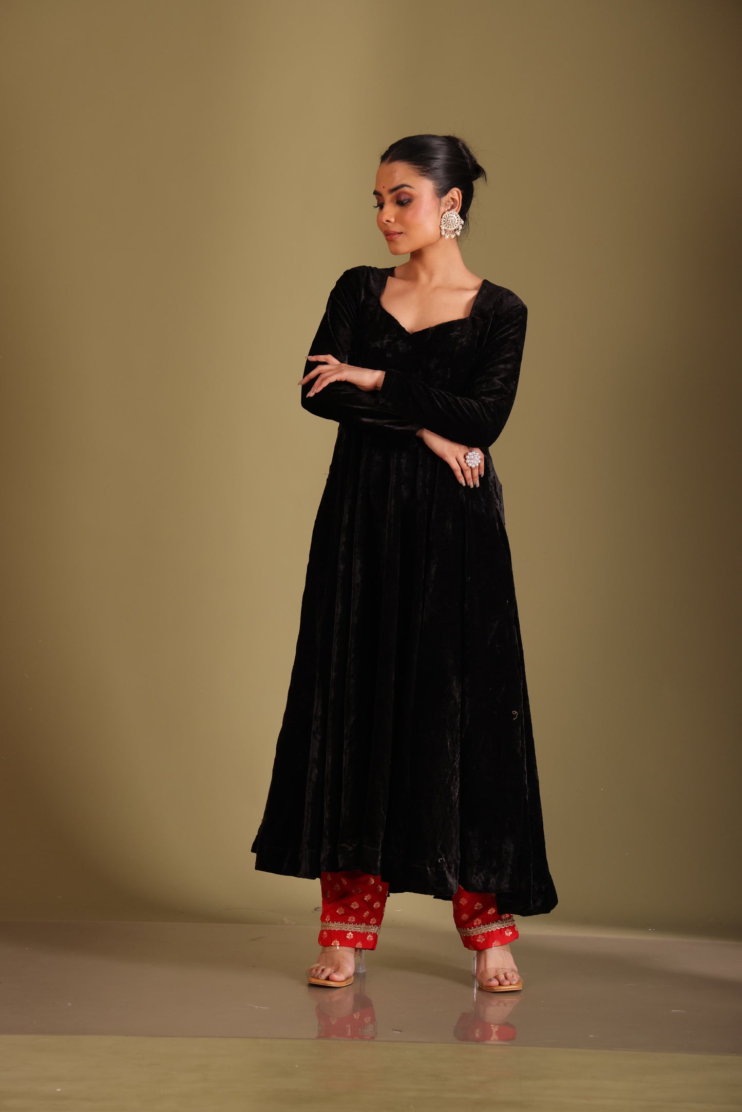 Noor-E-Zar Black Velvet Anarkali with Silk pants and Shawl - Set of 3