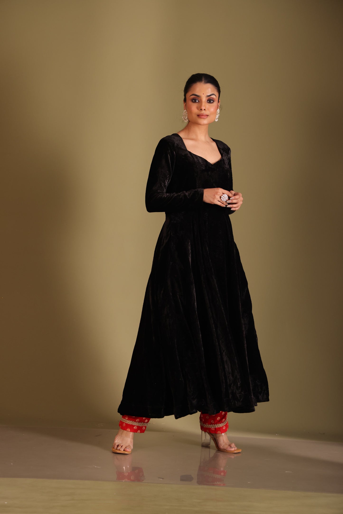 Noor-E-Zar Black Velvet Anarkali with Silk pants and Shawl - Set of 3