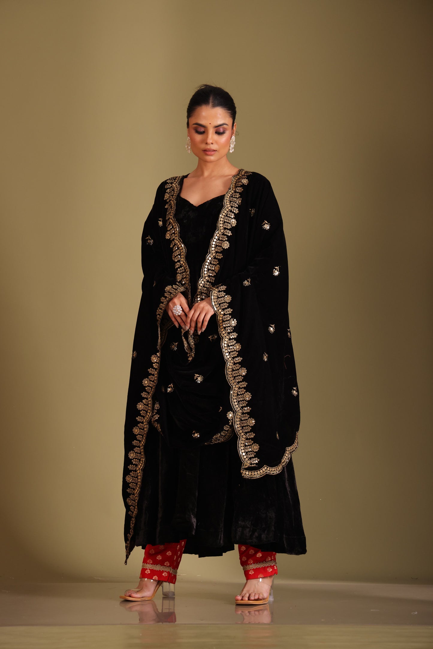 Noor-E-Zar Black Velvet Anarkali with Silk pants and Shawl - Set of 3