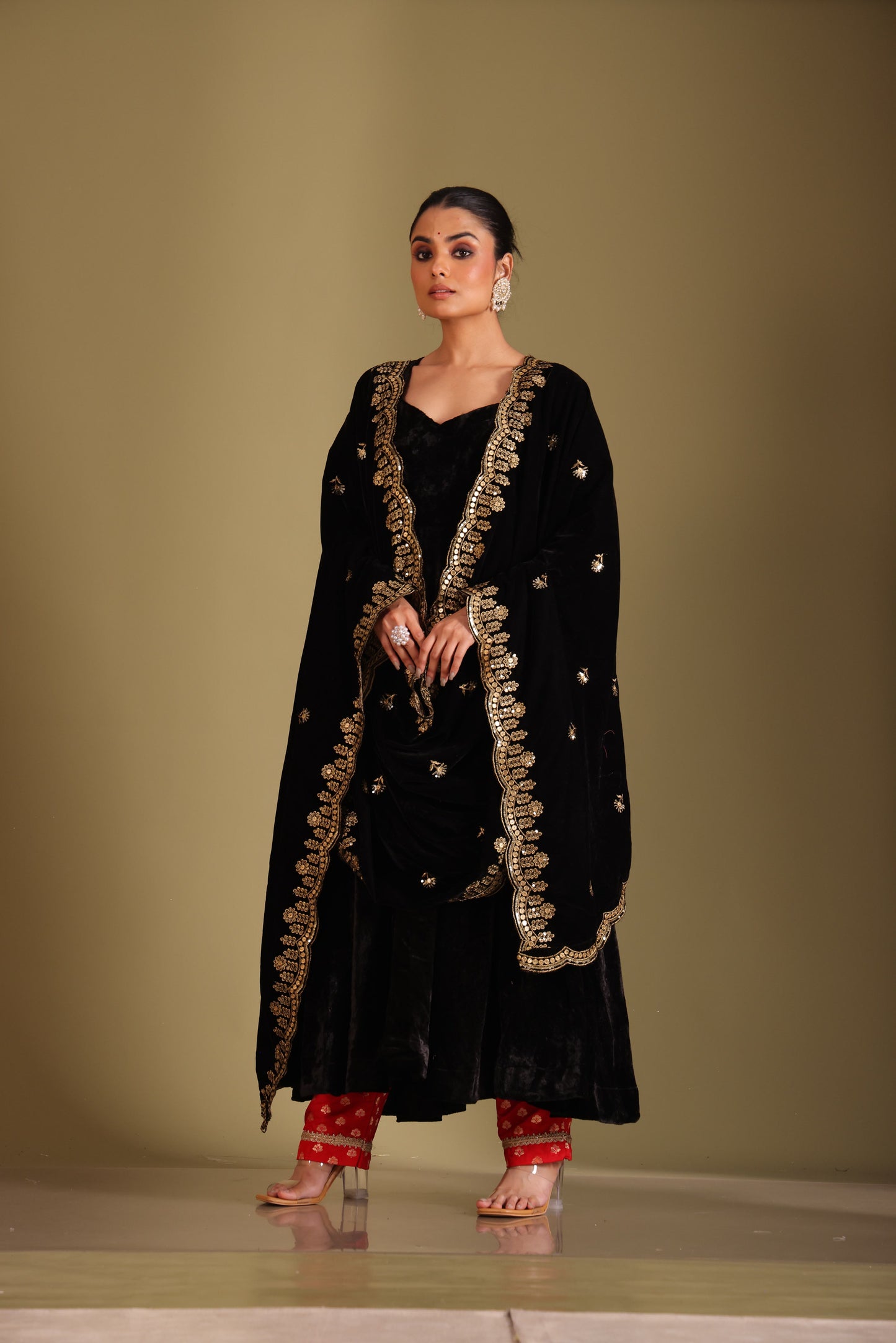 Noor-E-Zar Black Velvet Anarkali with Silk pants and Shawl - Set of 3