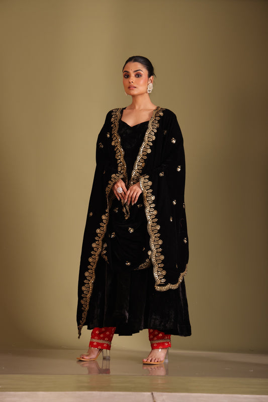 Noor-E-Zar Black Velvet Anarkali with Silk pants and Shawl - Set of 3