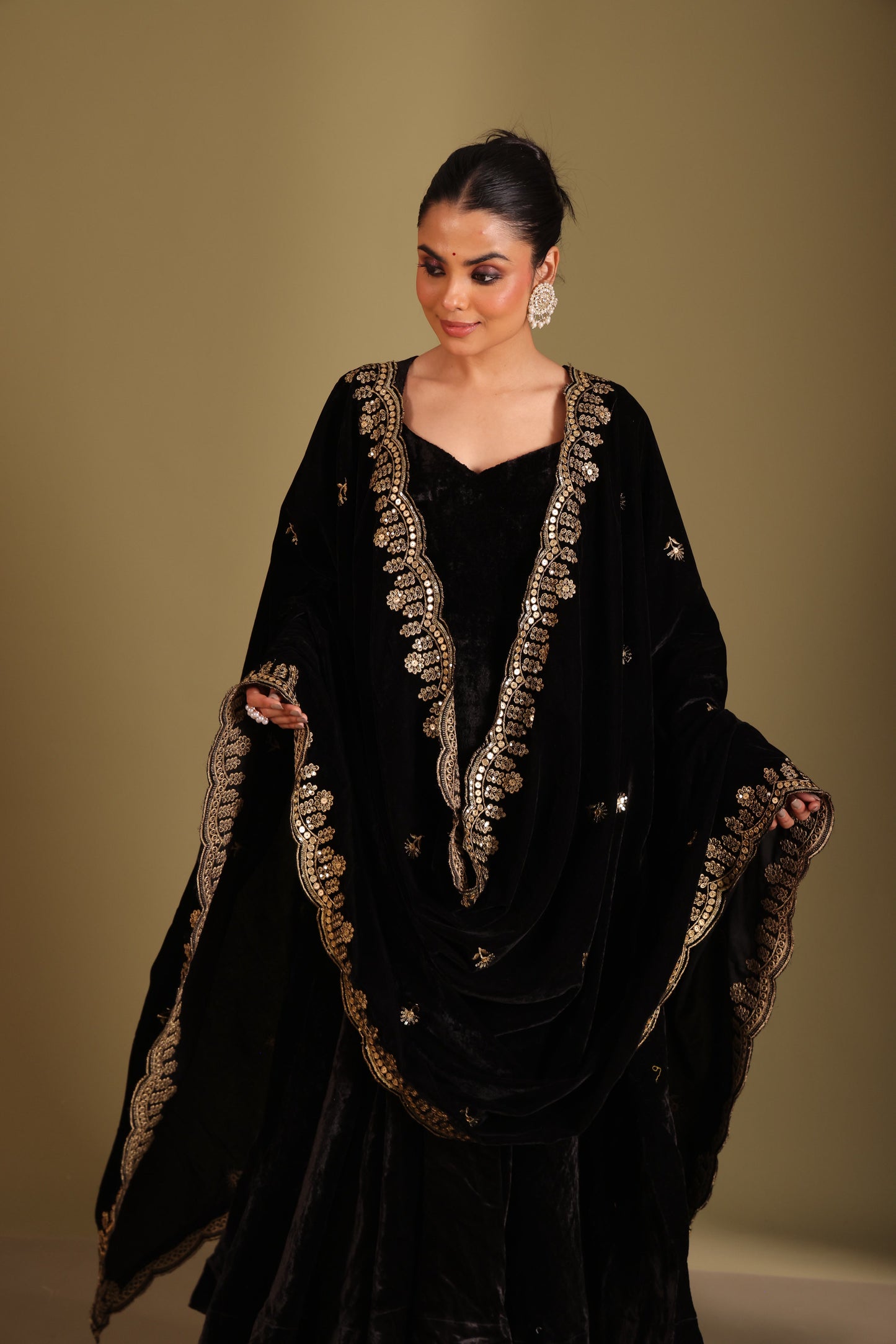 Noor-E-Zar Black Velvet Anarkali with Silk pants and Shawl - Set of 3