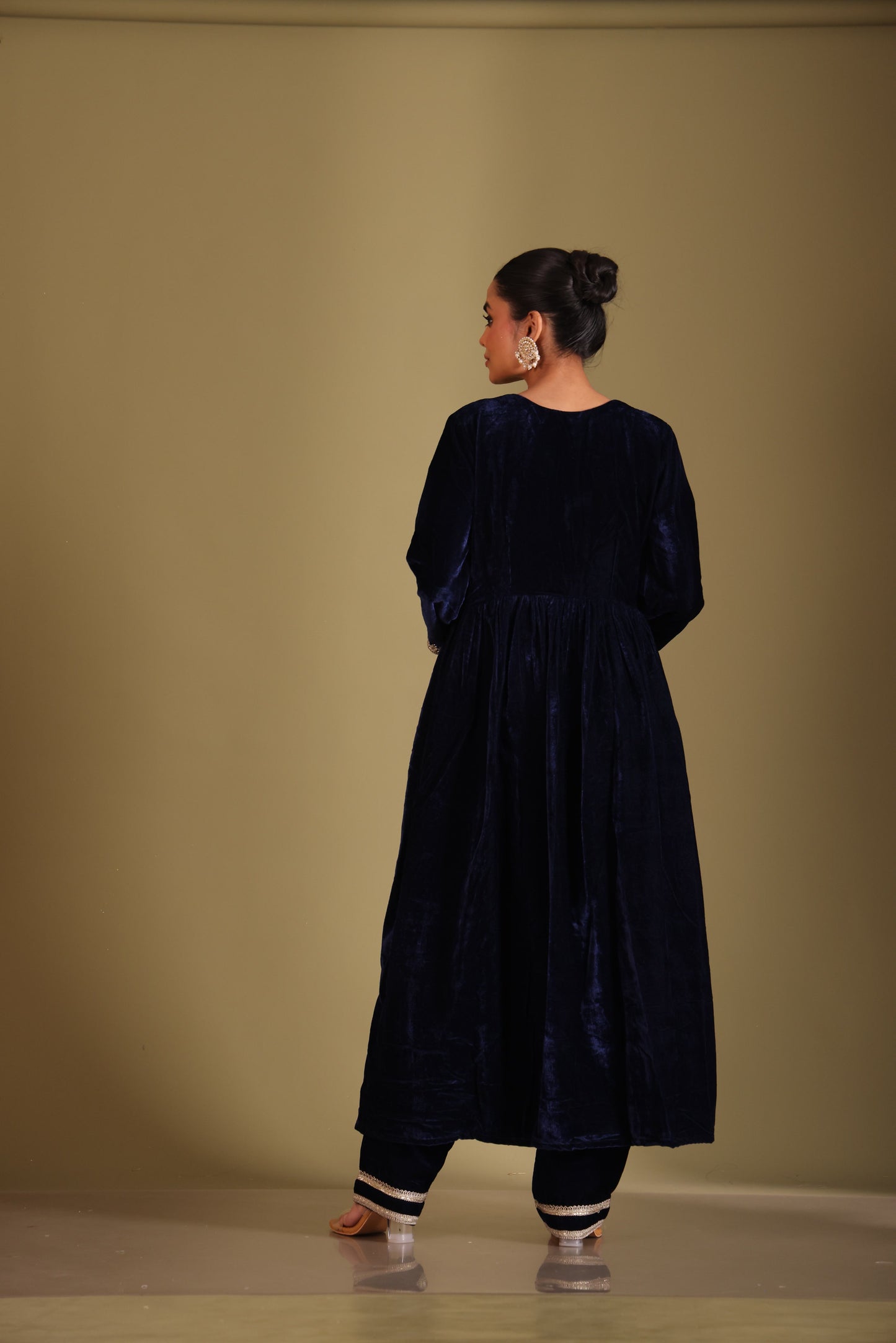 Noor-E-Zar Navy Blue Velvet Anarkali with velvet pants and Shawl - Set of 3