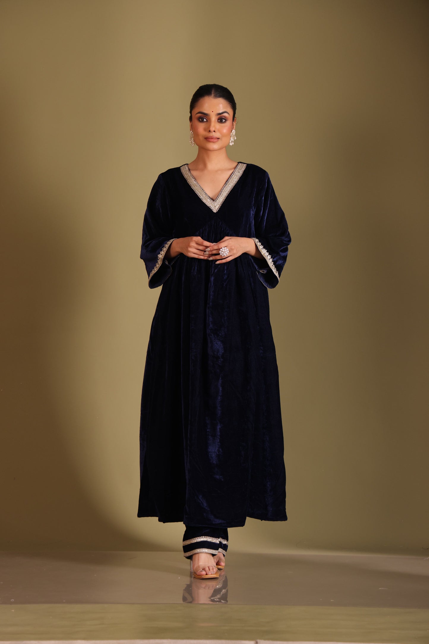 Noor-E-Zar Navy Blue Velvet Anarkali with velvet pants and Shawl - Set of 3