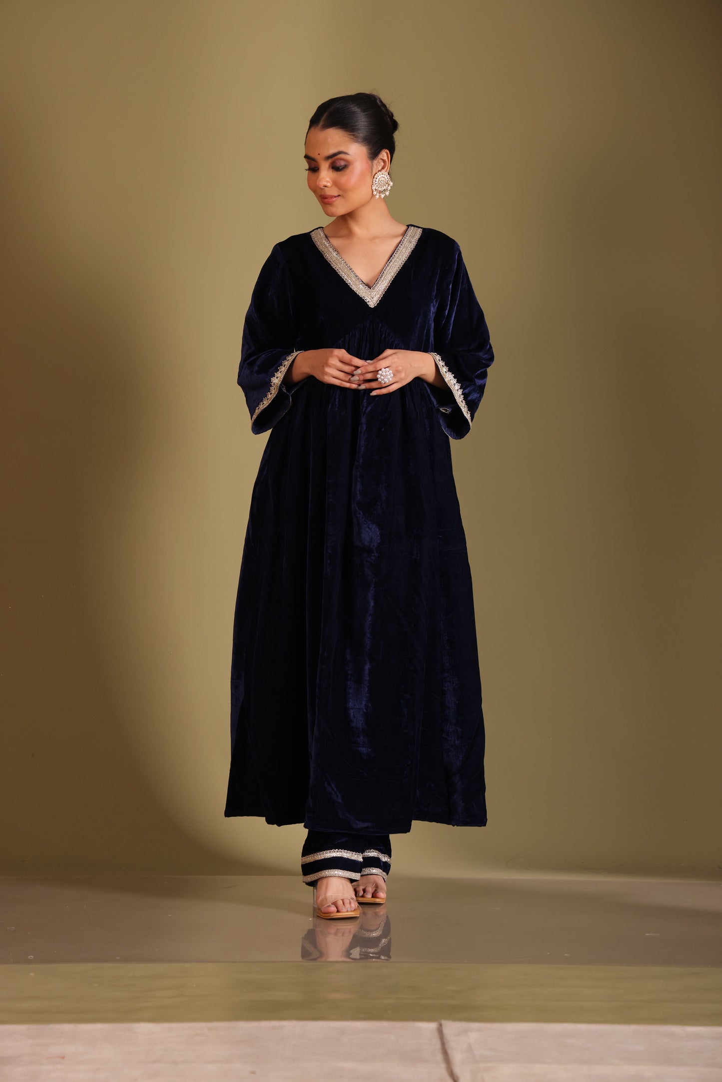 Noor-E-Zar Navy Blue Velvet Anarkali with velvet pants and Shawl - Set of 3