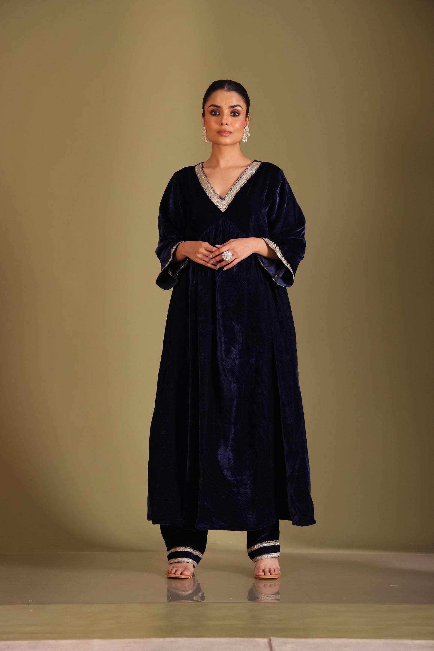 Noor-E-Zar Navy Blue Velvet Anarkali with velvet pants and Shawl - Set of 3