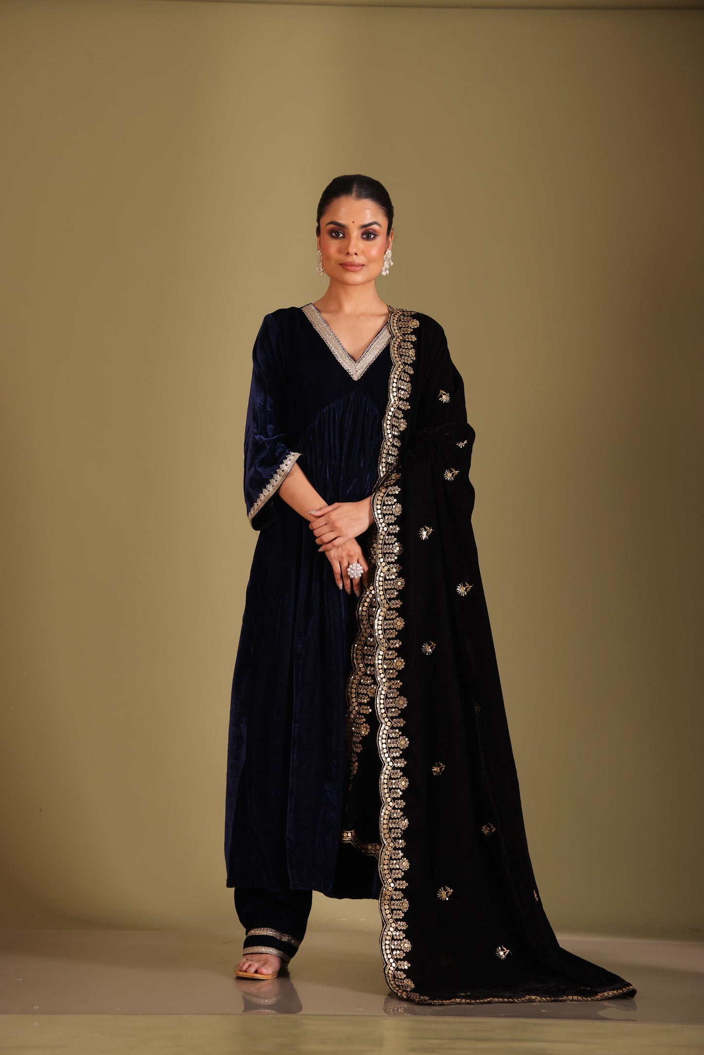 Noor-E-Zar Navy Blue Velvet Anarkali with velvet pants and Shawl - Set of 3