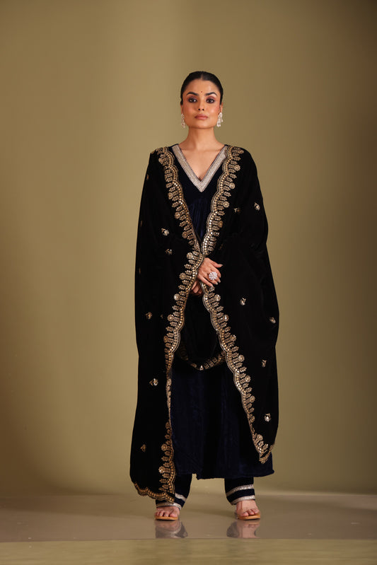 Noor-E-Zar Navy Blue Velvet Anarkali with velvet pants and Shawl - Set of 3