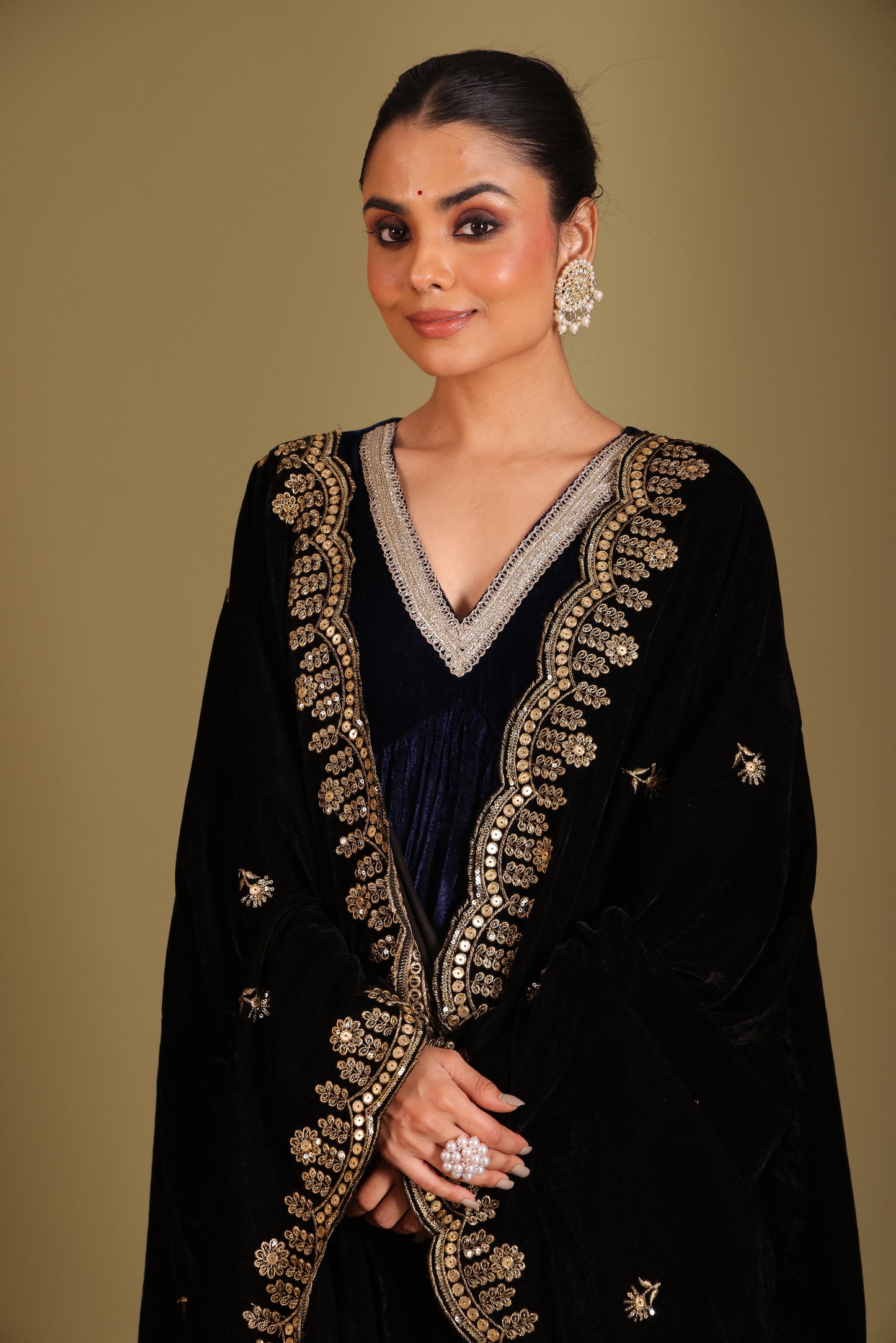 Noor-E-Zar Navy Blue Velvet Anarkali with velvet pants and Shawl - Set of 3