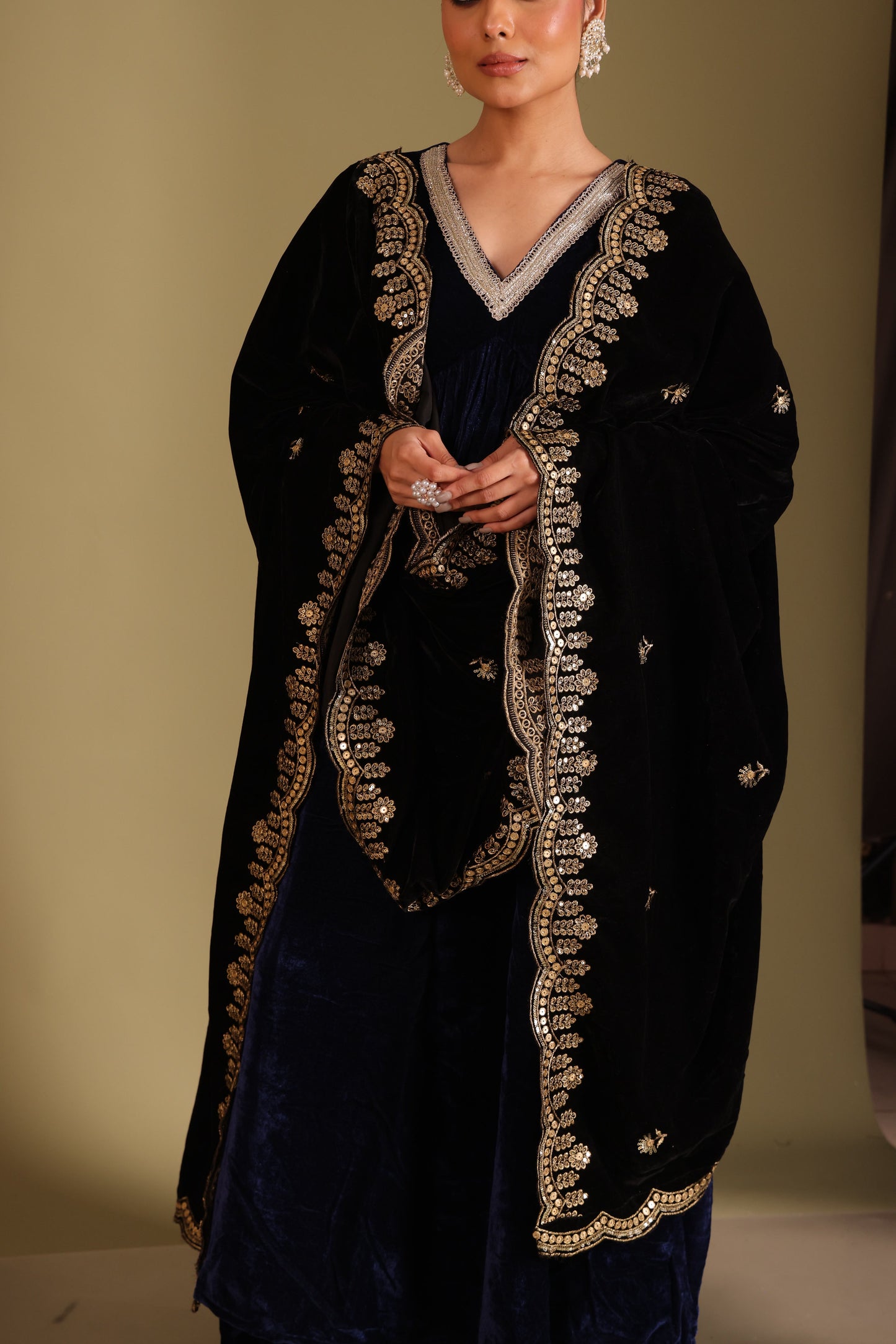 Noor-E-Zar Navy Blue Velvet Anarkali with velvet pants and Shawl - Set of 3