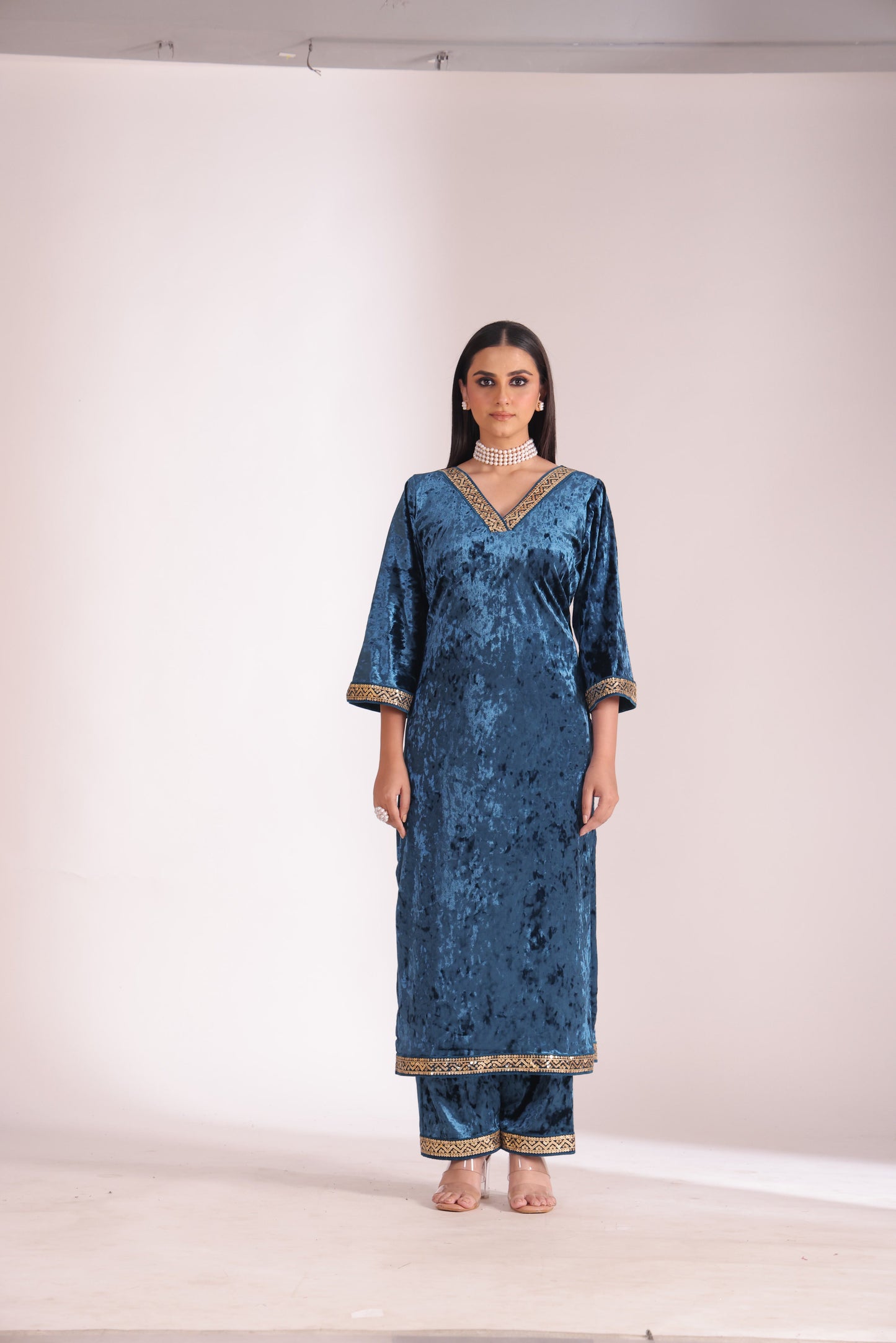Noor-E-Zar Teal Velvet Kurta with velvet pants and Shawl - Set of 3